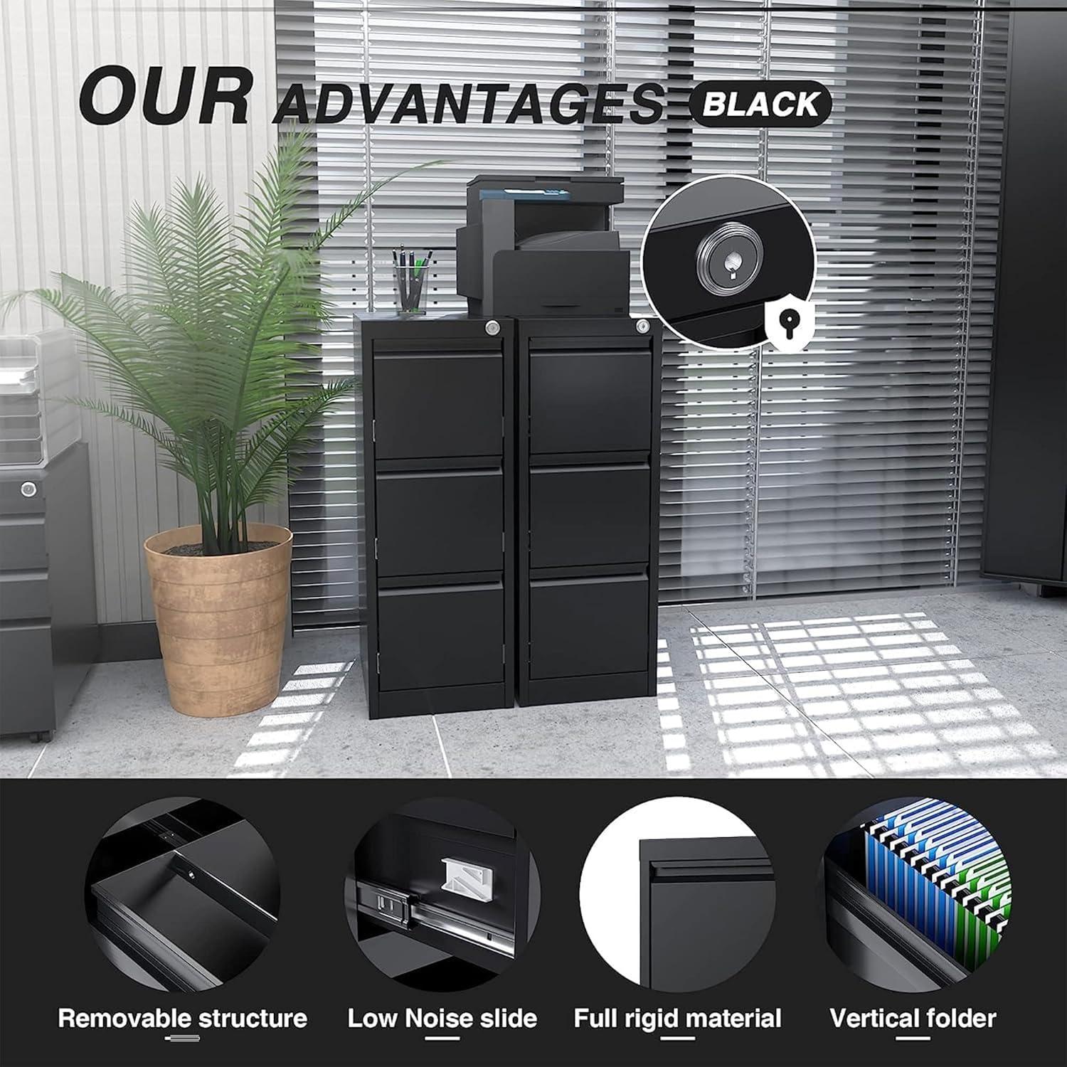 AOBABO 3 Drawer Vertical Steel File Organizer Filing Cabinet with Locking System and Adjustable Hanging Bars for Home and Office Organization, Black