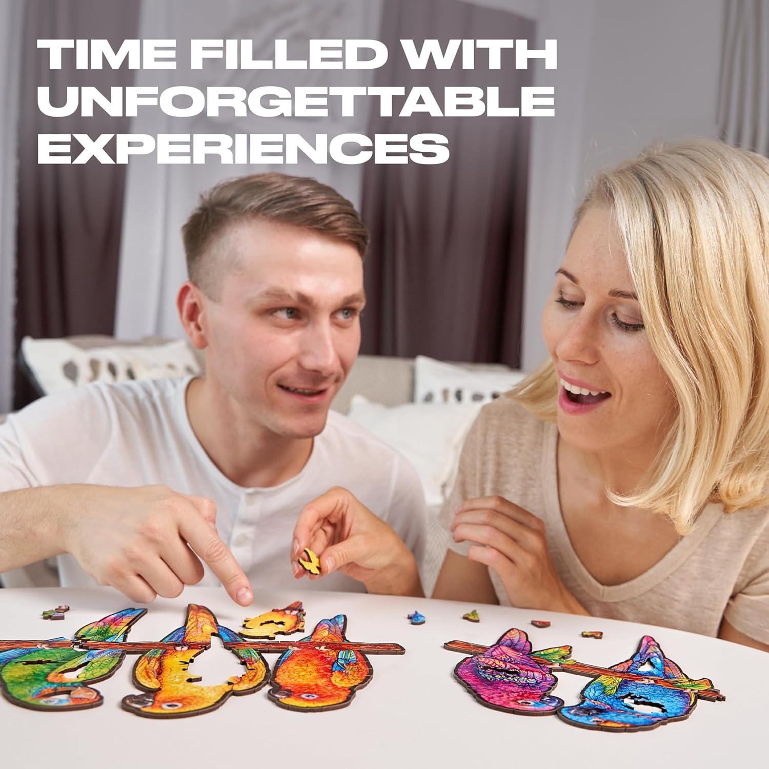 UNIDRAGON Original Wooden Jigsaw Puzzles - Playful Parrots, 104 pcs, Small 13"x7.5", Beautiful Gift Package, Unique Shape Best Gift for Adults and Kids