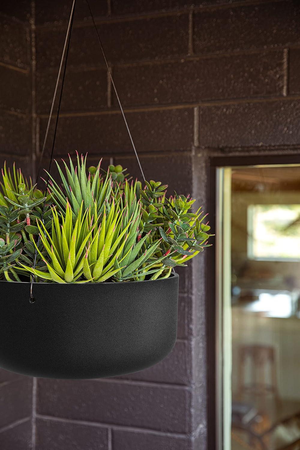 Kona Modern Hanging Bowl Planter 14" in Black Plastic-Stone Composite