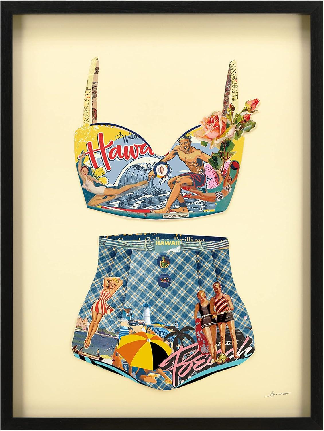 "Hawaii Beach" Dimensional Collage Framed Graphic Art Under Glass Wall Art