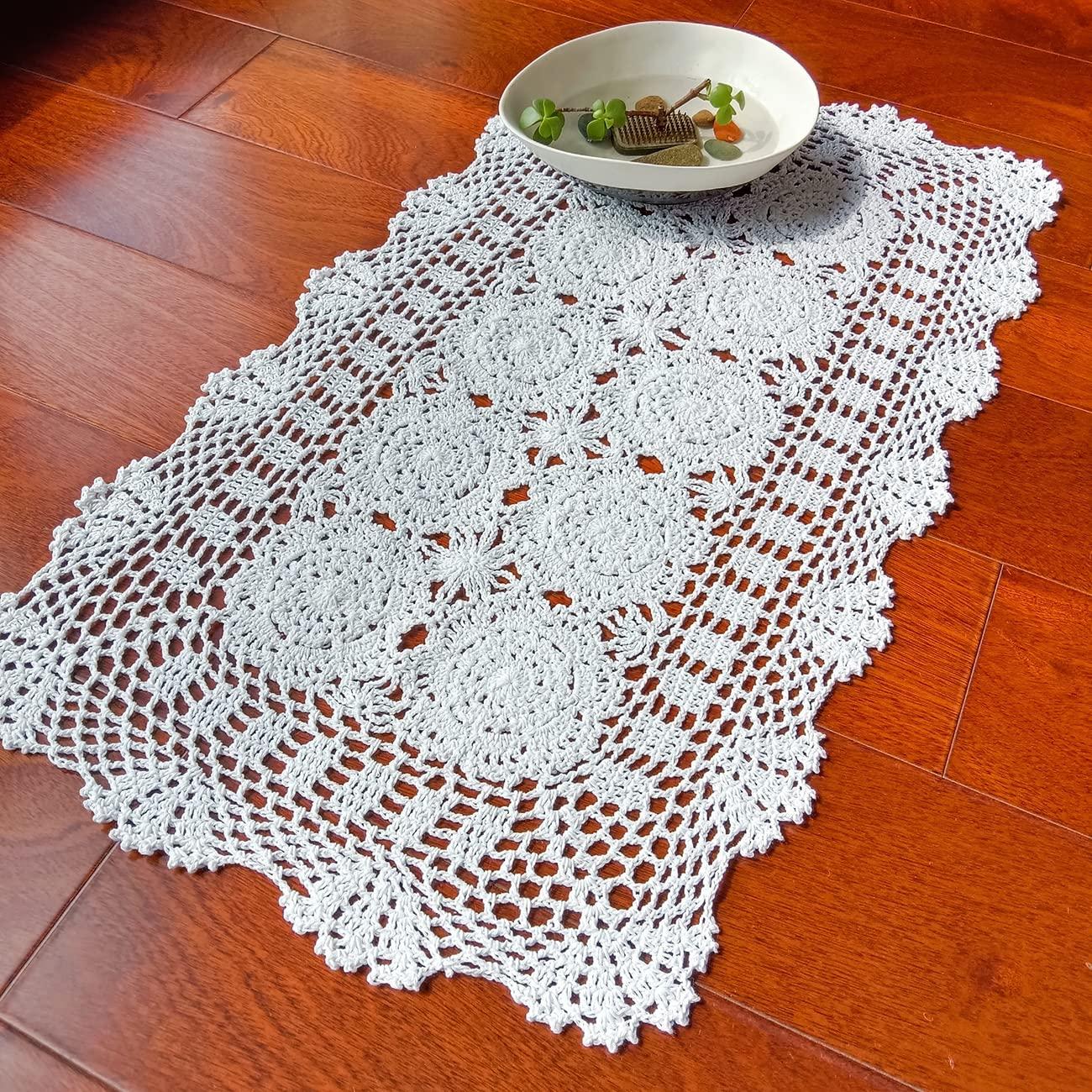 Phantomon Lace Table Runner Rectangular Table Cover Cloth Handmade Crochet Floral Placemats 100% Cotton (Floral Beige, 15x28Inch)
