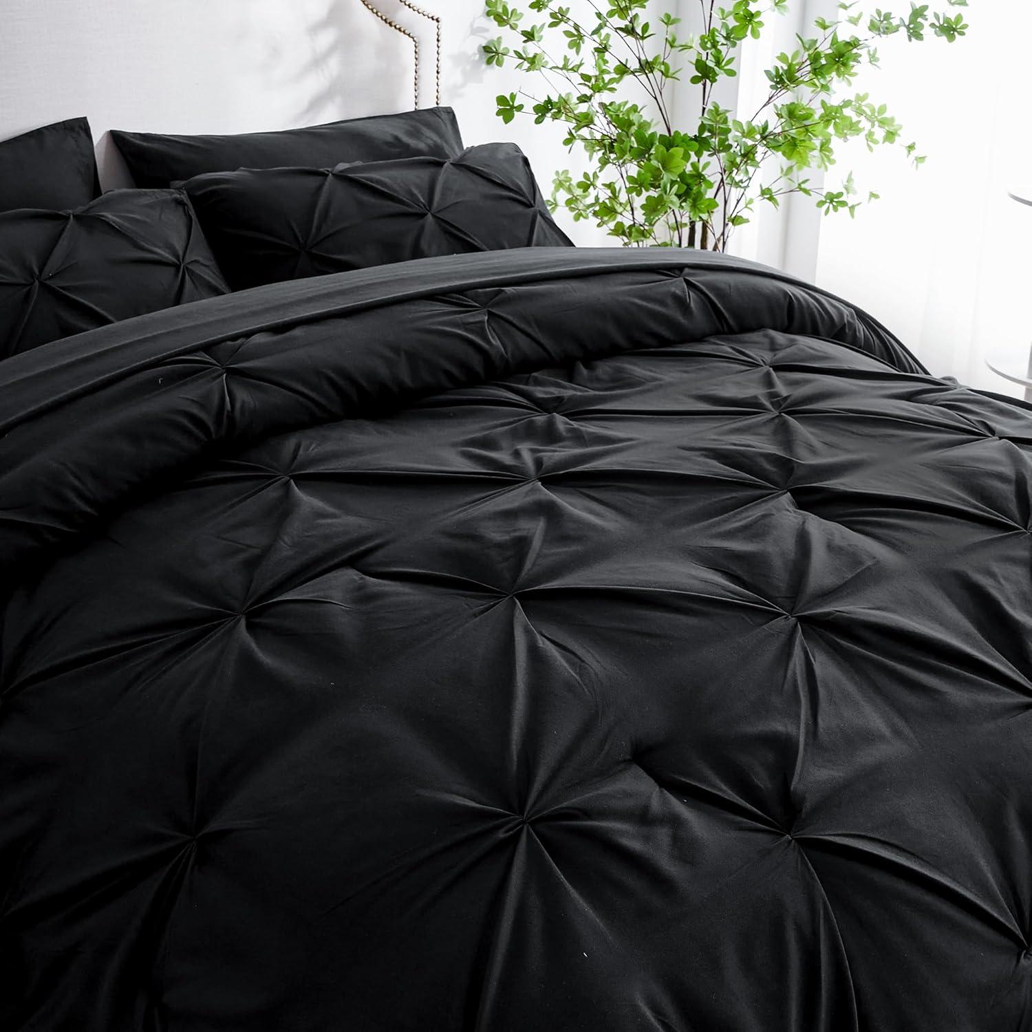 Black King Size Comforter Set - Bedding Set King 7 Pieces, Pintuck Bed in a Bag Black Bed Set with Comforter, Sheets, Pillowcases & Shams