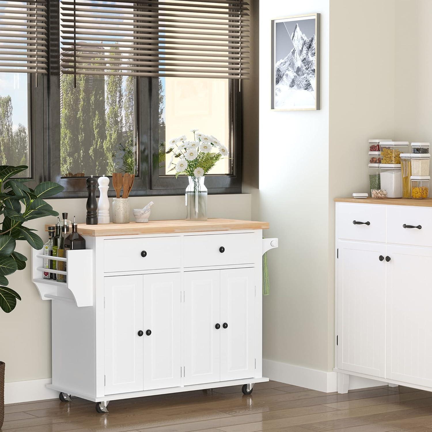 White Wood Kitchen Cart with Butcher Block Top and Storage