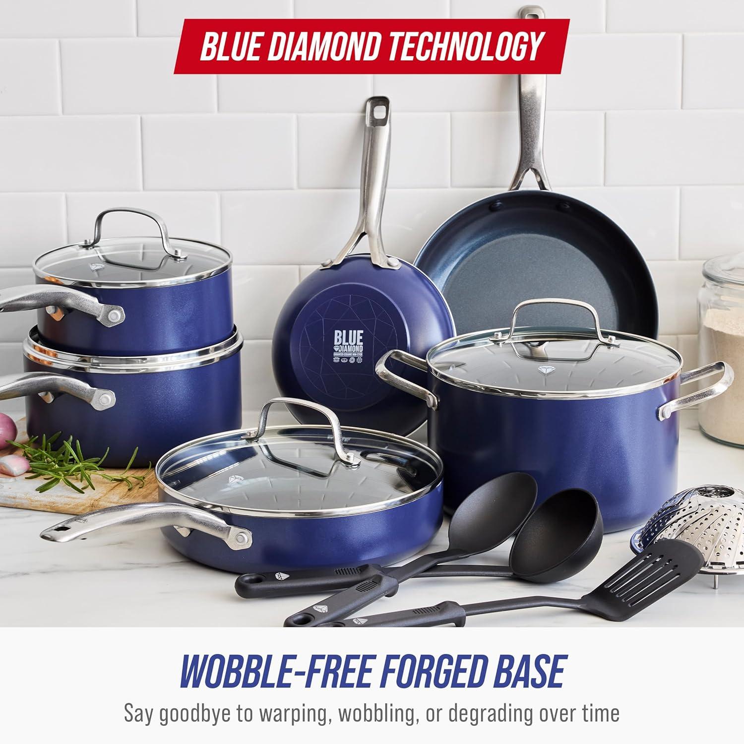 14 Piece Blue Cookware Set - Diamond-Infused Nonstick, Oven Safe, Durable & Toxin-Free