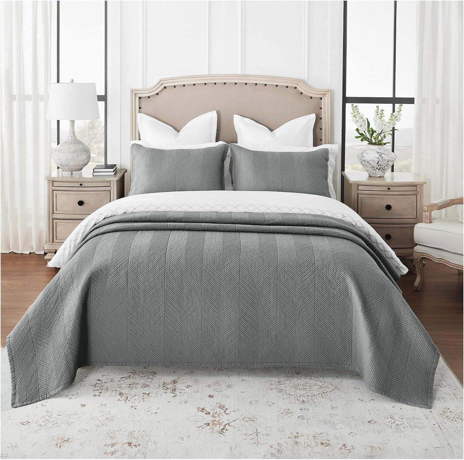 Calla Angel Evelyn Stitch Chevron Luxury Pure Cotton Quilt, Gray, Chevron, 3 Pieces Queen Quilt Set