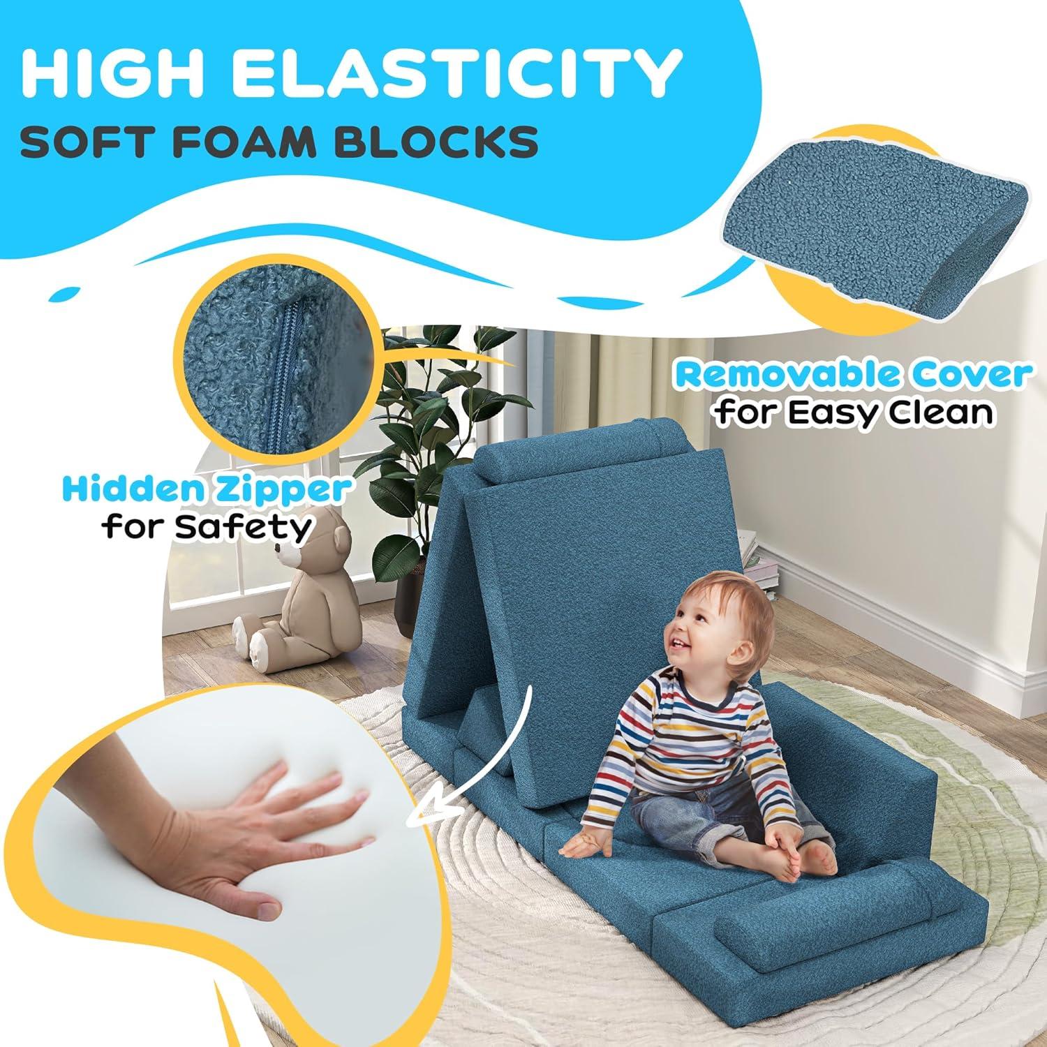 Qaba 12 Pieces Foam Climbing Blocks, Climbing Toys for Toddlers, Indoor Climb and Crawl Activity Playset for Boys and Girls, Blue