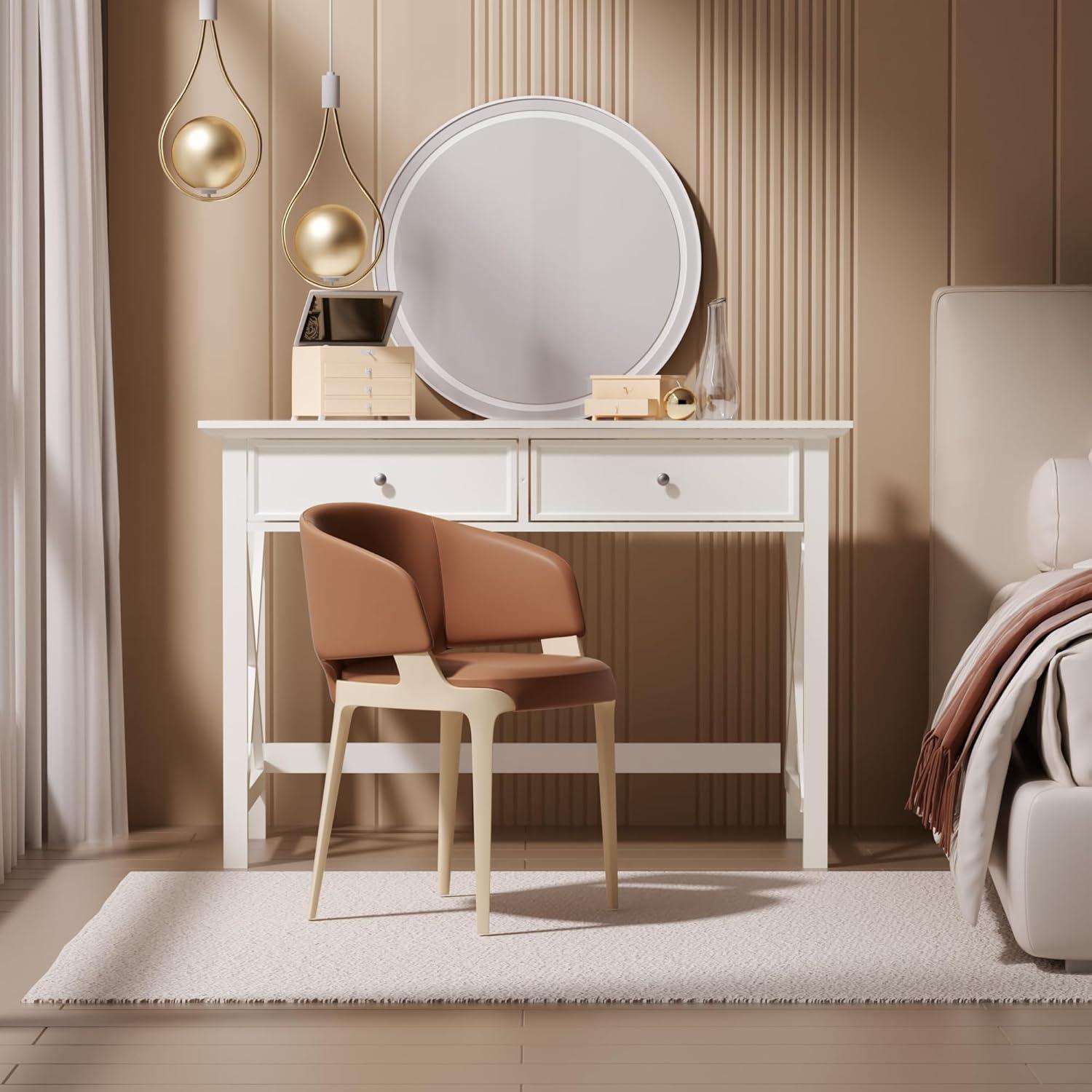 White Computer Desk with 2 Drawers, Modern Makeup Vanity Desk with Storage, Writing Desk for Home Office, 42'' Long Study Simple White Desk for Bedroom Console Table Living Room