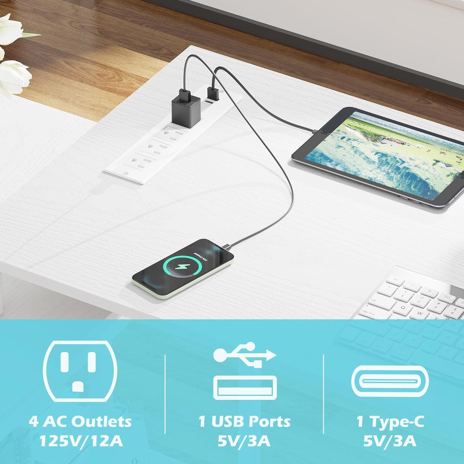 SUPERJARE L Shaped Desk with Power Outlets, Computer Desk with Drawers & Shelves, Corner Desk Gaming Desk Home Office Desk, White