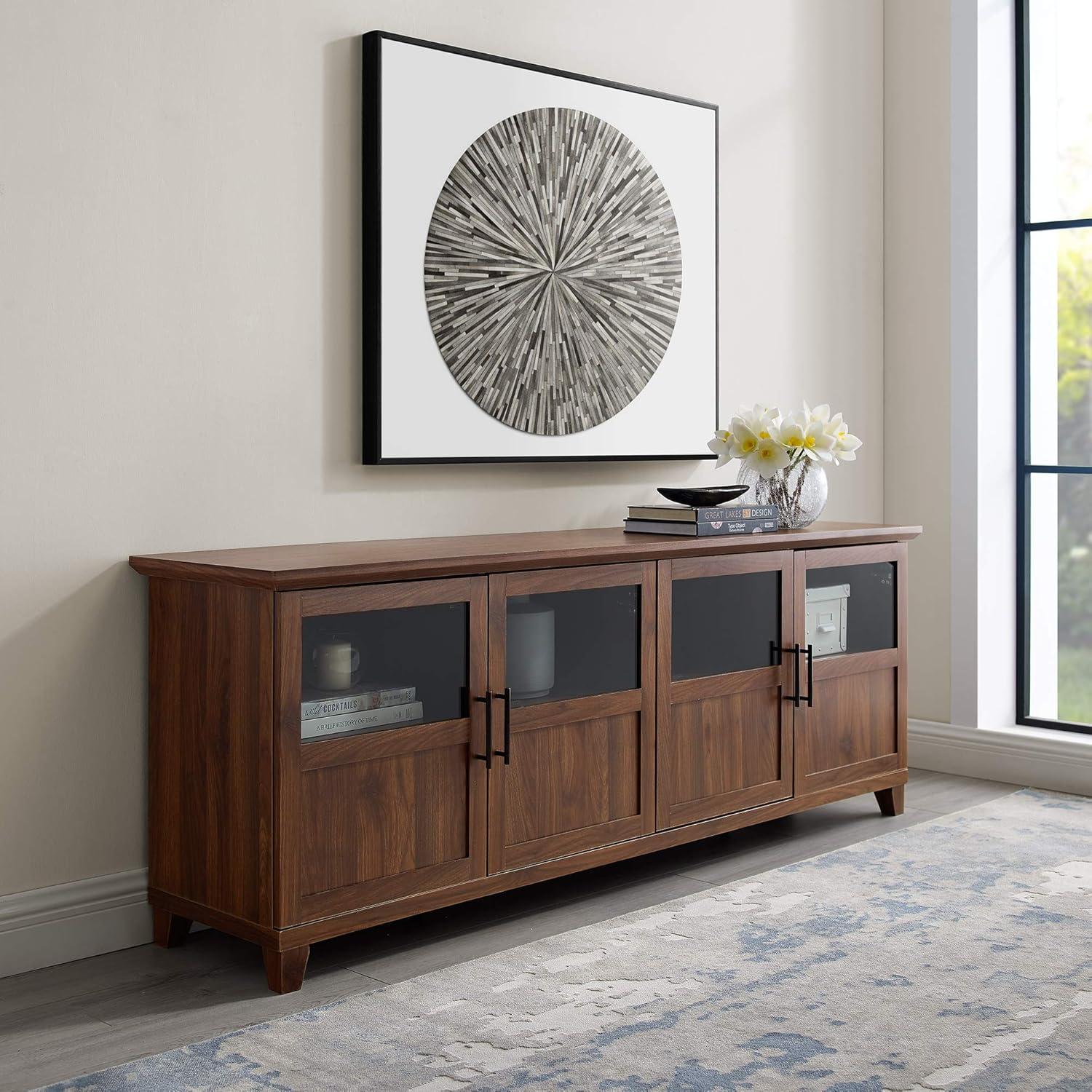 Dark Walnut 70-Inch TV Stand with Glass Doors and Cabinets