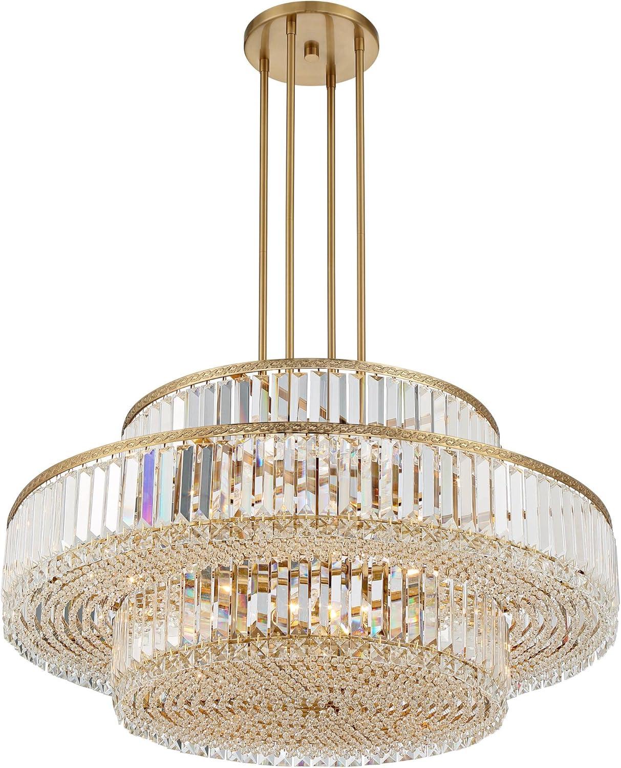 Stiffel Soft Gold Chandelier Lighting 32" Wide Modern 3-Tier Frame Clear Crystal 16-Light Fixture for Dining Room House Entryway