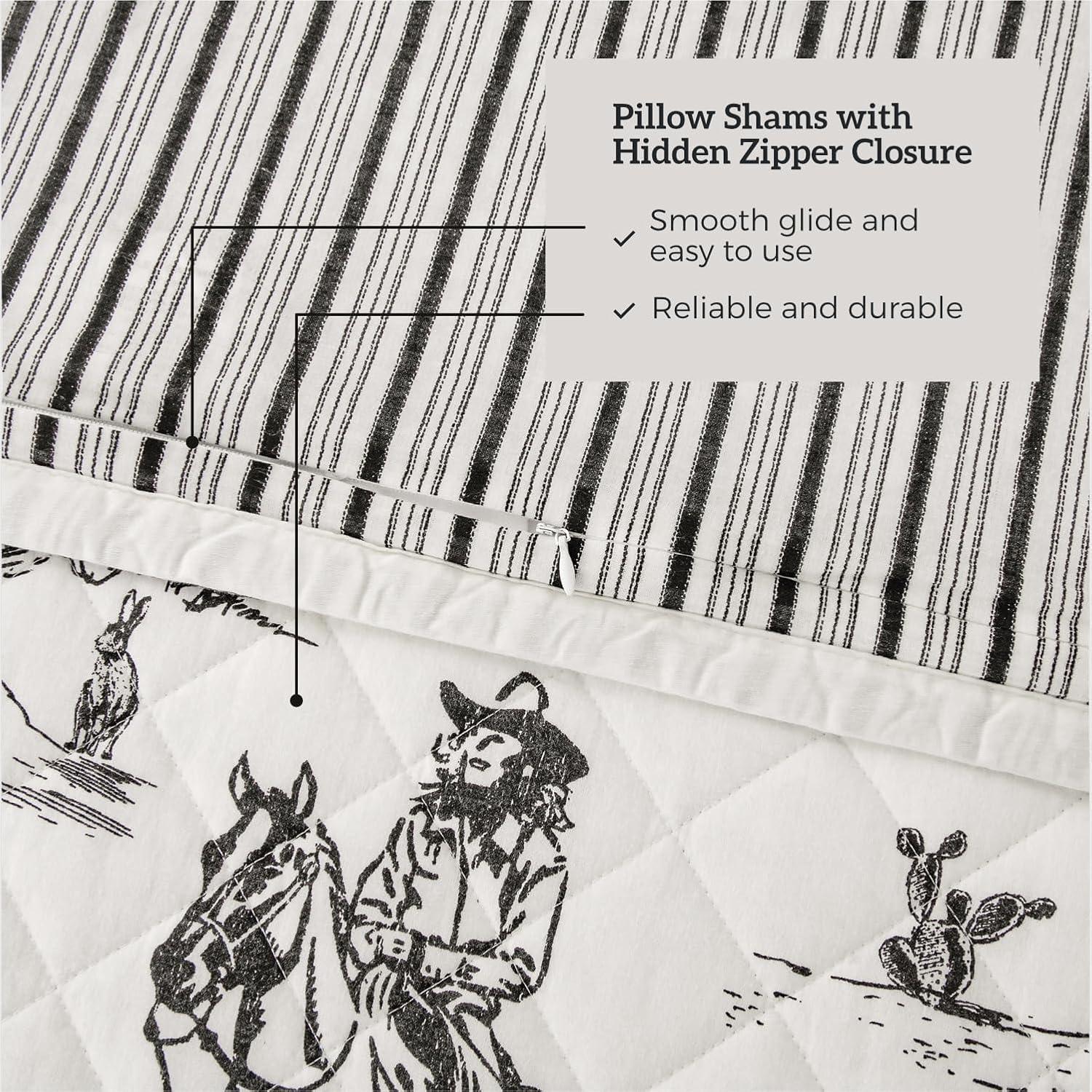 Paseo Road by HiEnd Accents Ranch Life White/Black Cotton Reversible Western Rustic Farmhouse 3 Piece Quilt Set
