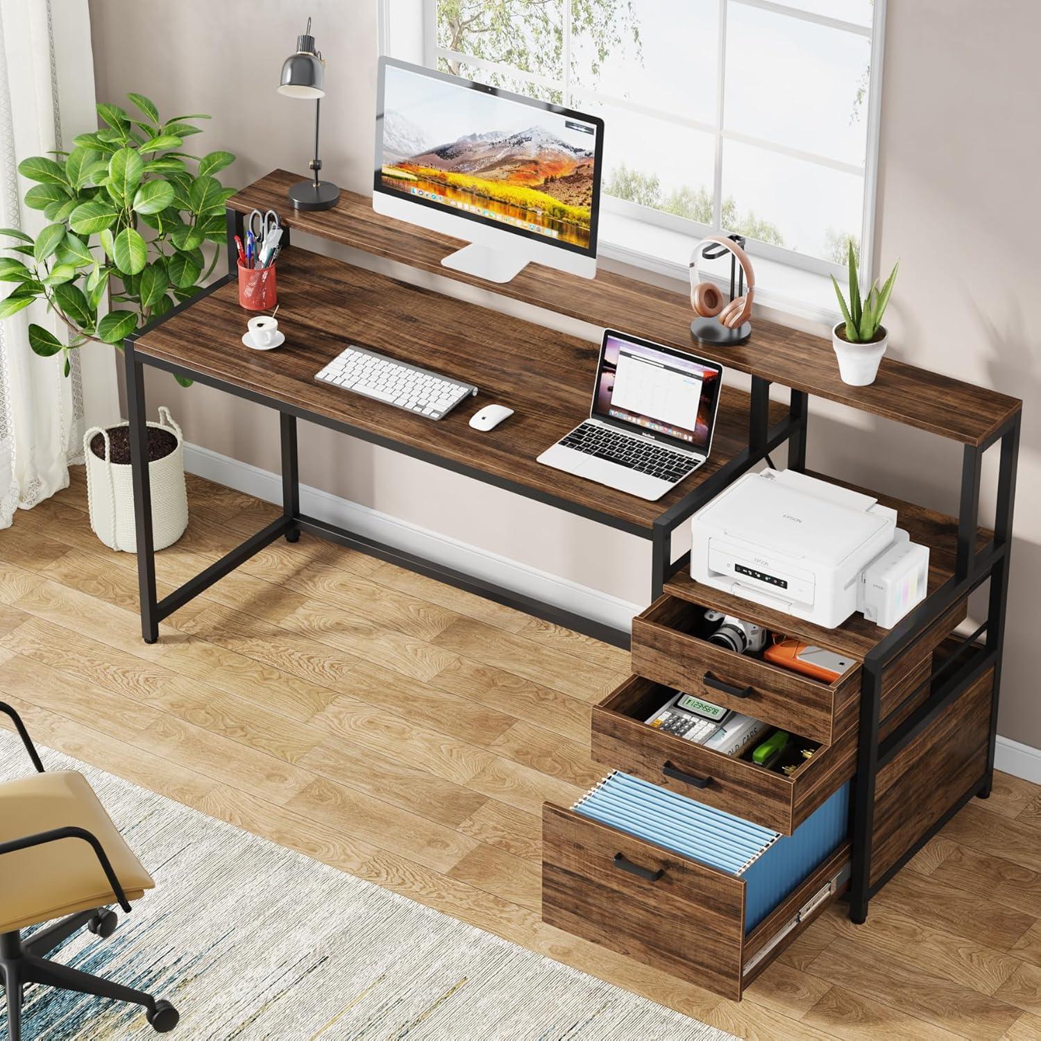 1Easylife 63" Computer Desk with Monitor Stand, Ergonomic Home Office Desks with Drawers File Cabinet Rustic Brown