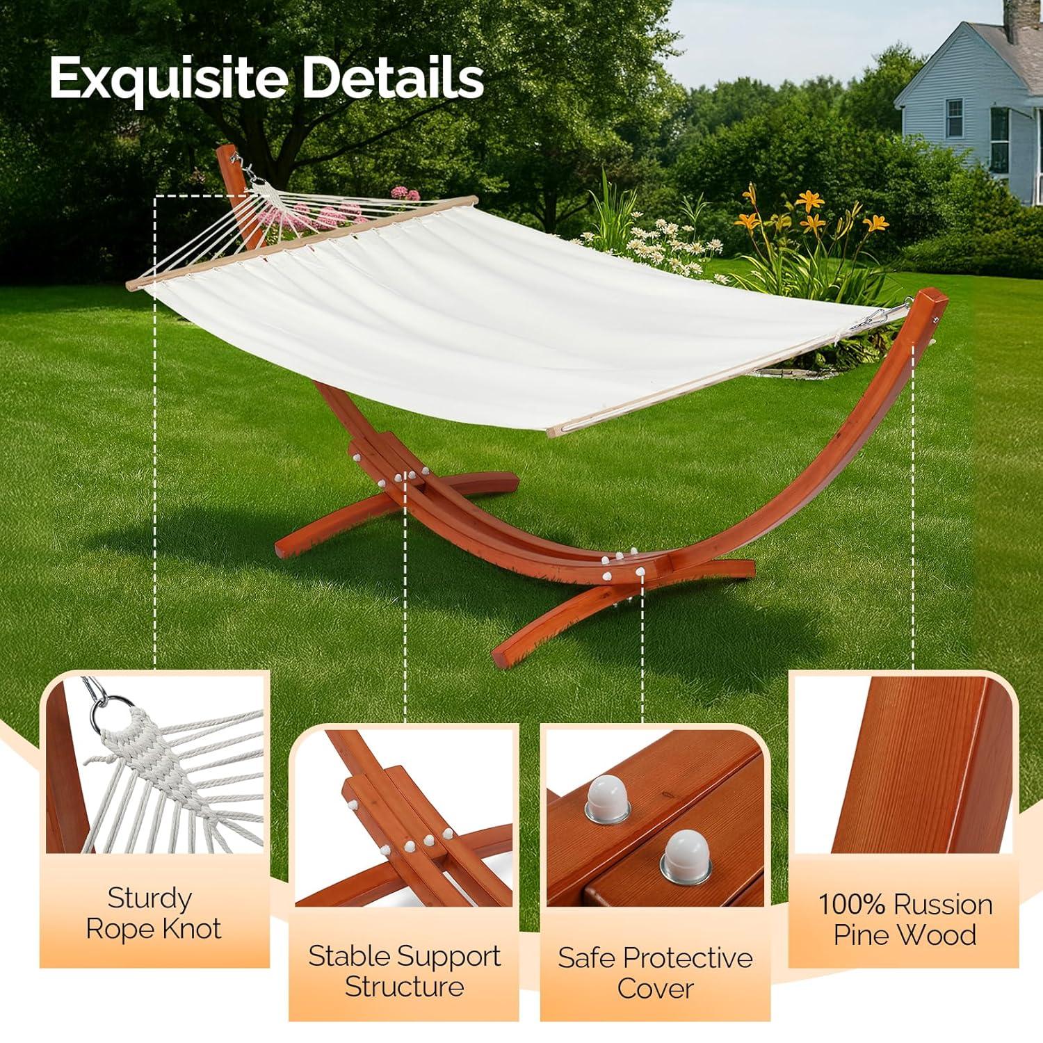 10.5 ft White Canvas Double Hammock with Pine Wood Arc Stand