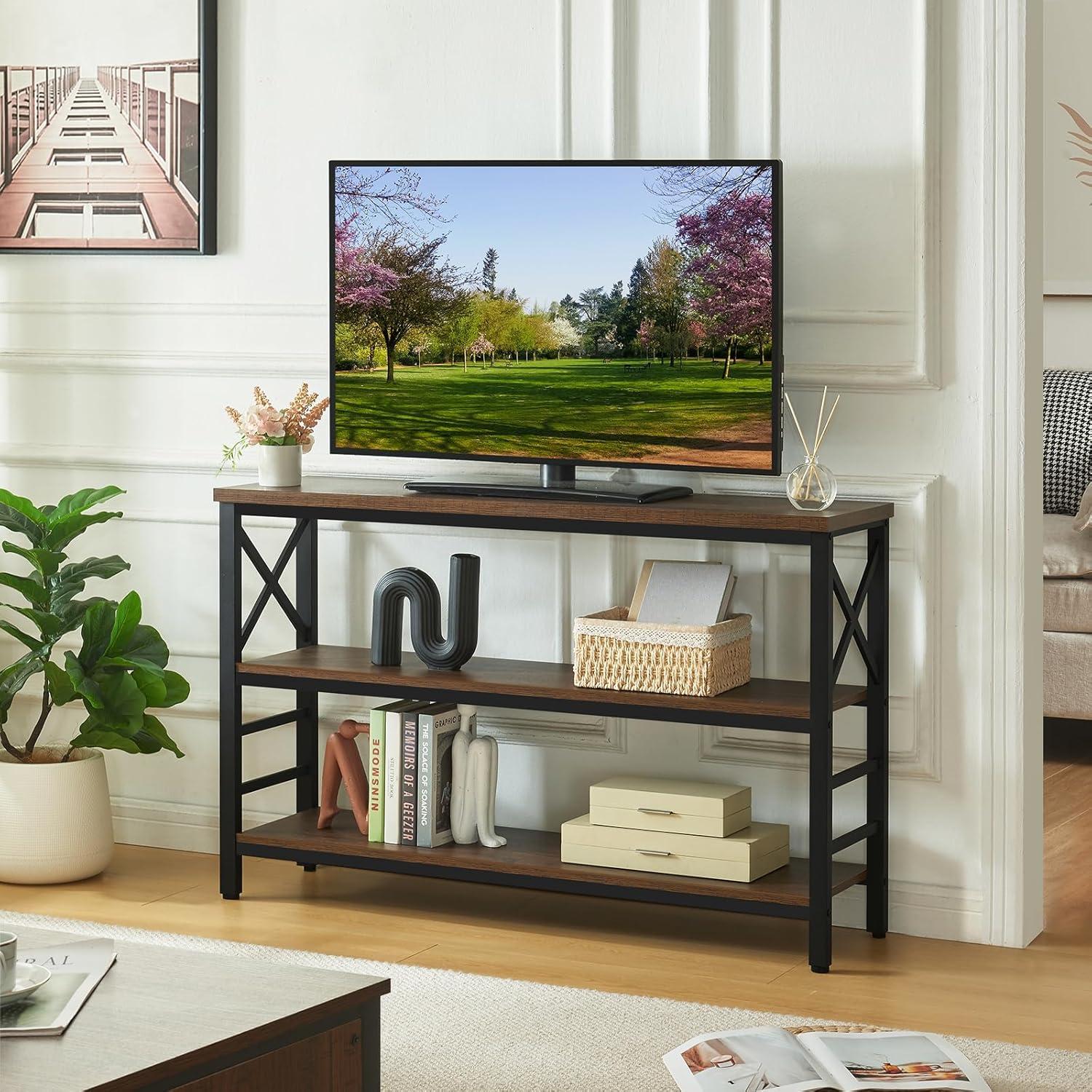 Rustic Brown Wood and Metal 3-Tier Console Table with Storage