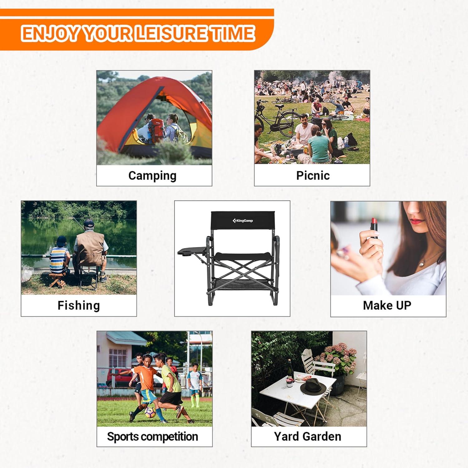 KingCamp KingCamp Outdoor Folding Director Chair w/ Side Table Bottom Mesh Storage, Black