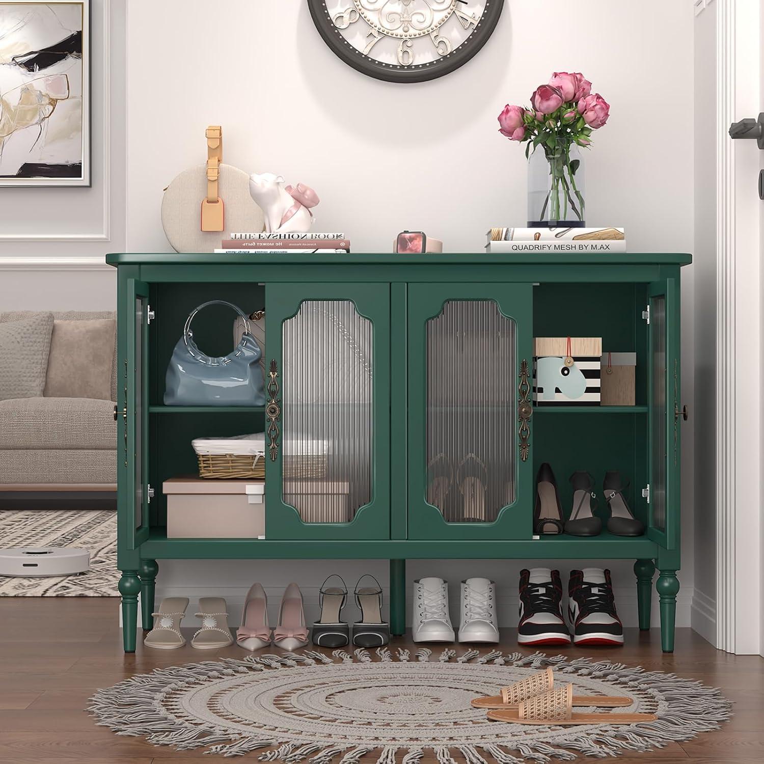 Green Mid-Century Modern Buffet Cabinet with Glass Doors