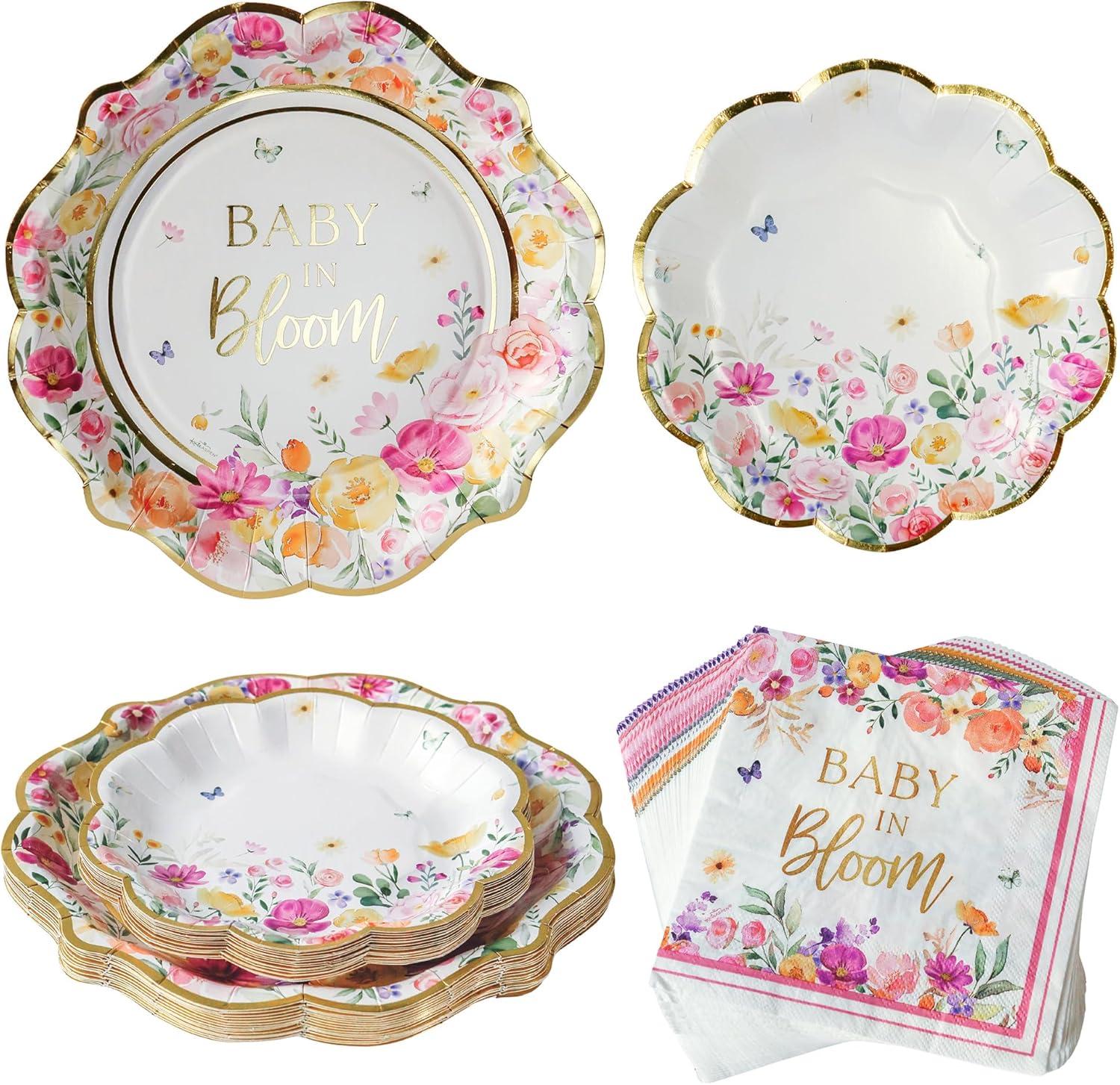 Kate Aspen Kate Aspen Baby in Bloom 62 Piece Party Tableware Set Baby Shower Party Decorations Plates & Napkins, Vibrant Floral Botanical (16 Guests)- Perfect for Greenery Baby Shower (Set of 62)