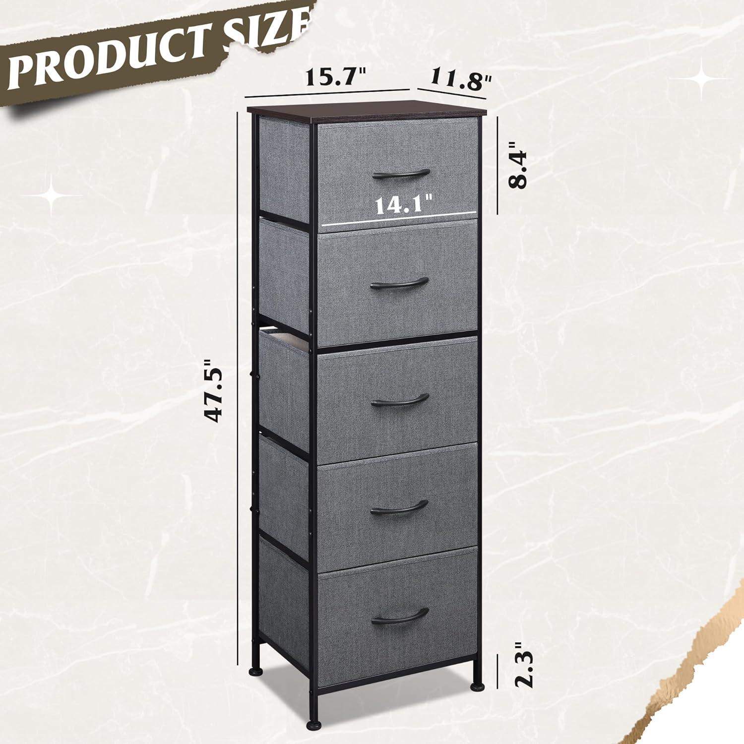 WLIVE Fabric Dresser, 5-Drawer Tall Dresser for Bedroom, Storage Dresser Organizer with Fabric Bins, Wood Top, Sturdy Steel Frame, Chest of Drawers for Closet, Hallway, Dark Grey