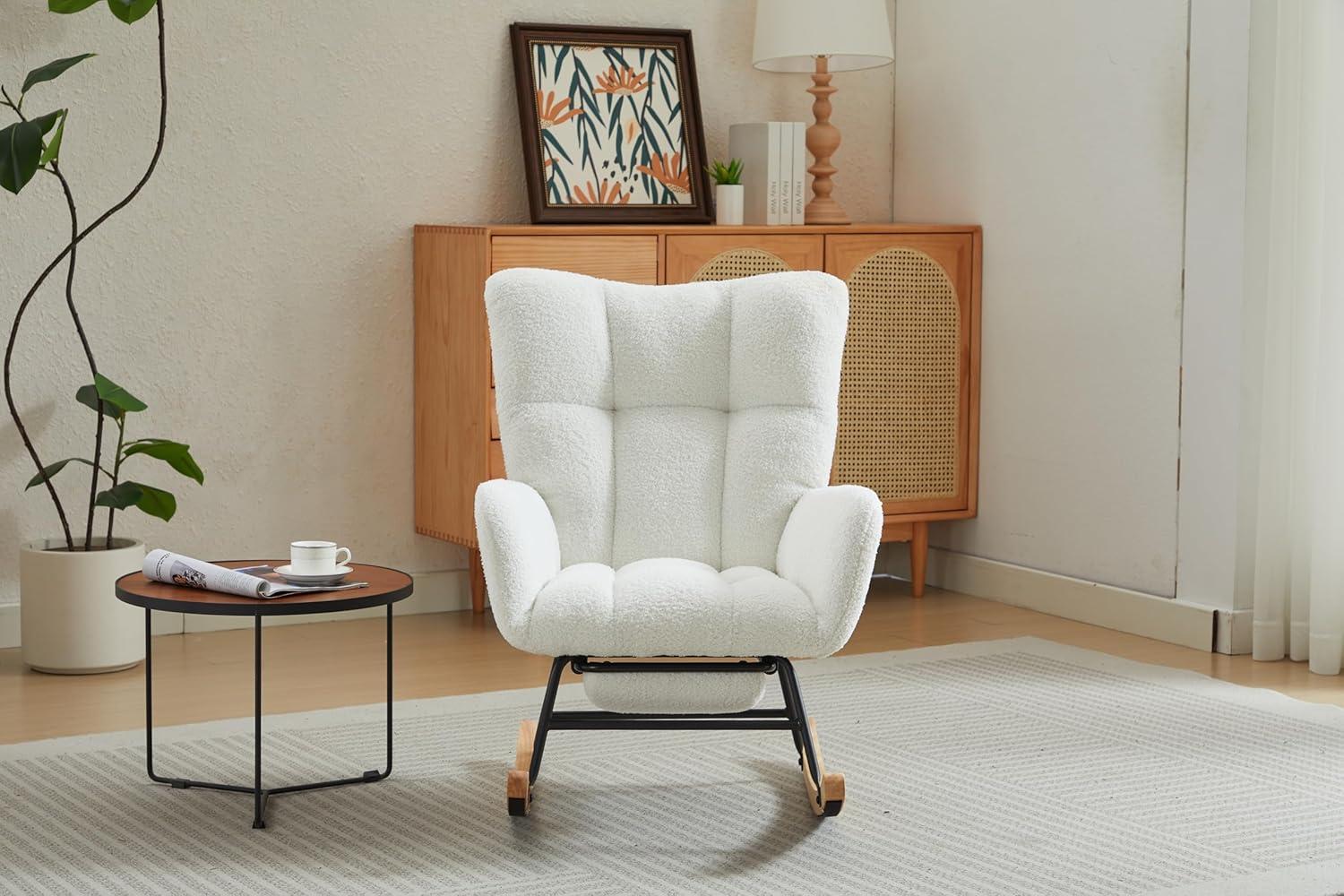 White Sherpa Upholstered Wingback Rocking Chair with Oak Legs