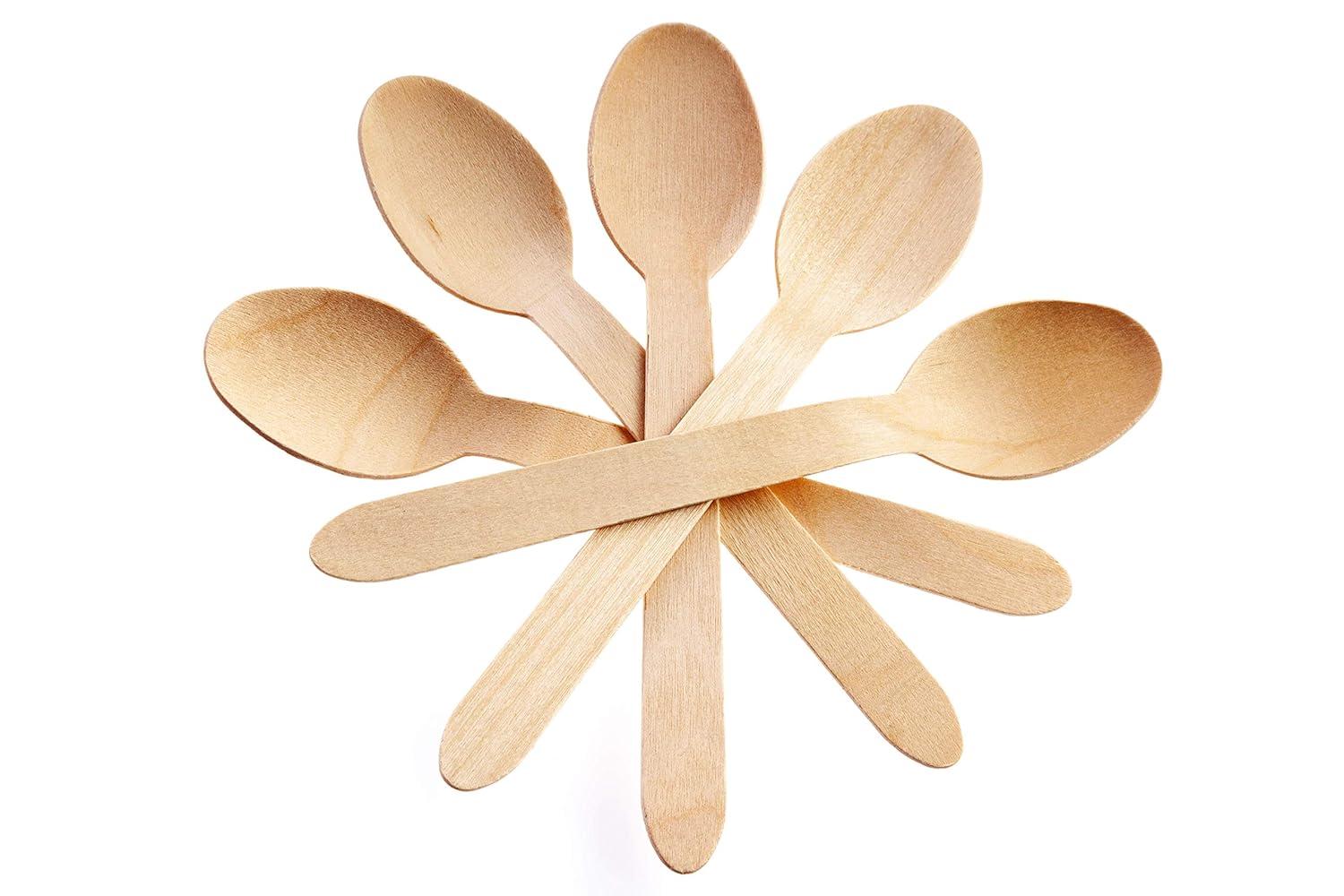 Concession Essentials Disposable Wooden Cutlery Spoons, Compostable and Earth Friendly, 6.25 Inch Length - Pack of 100 Spoons