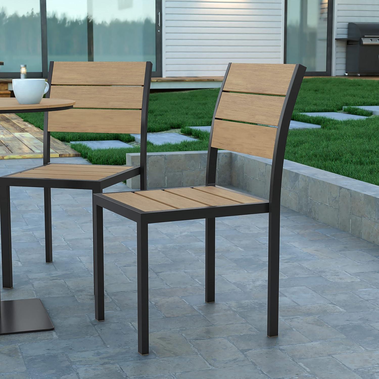 Emma and Oliver Outdoor Stacking Side Chair with Faux Teak Poly Slat Seat, Back and Arms and Metal Frame