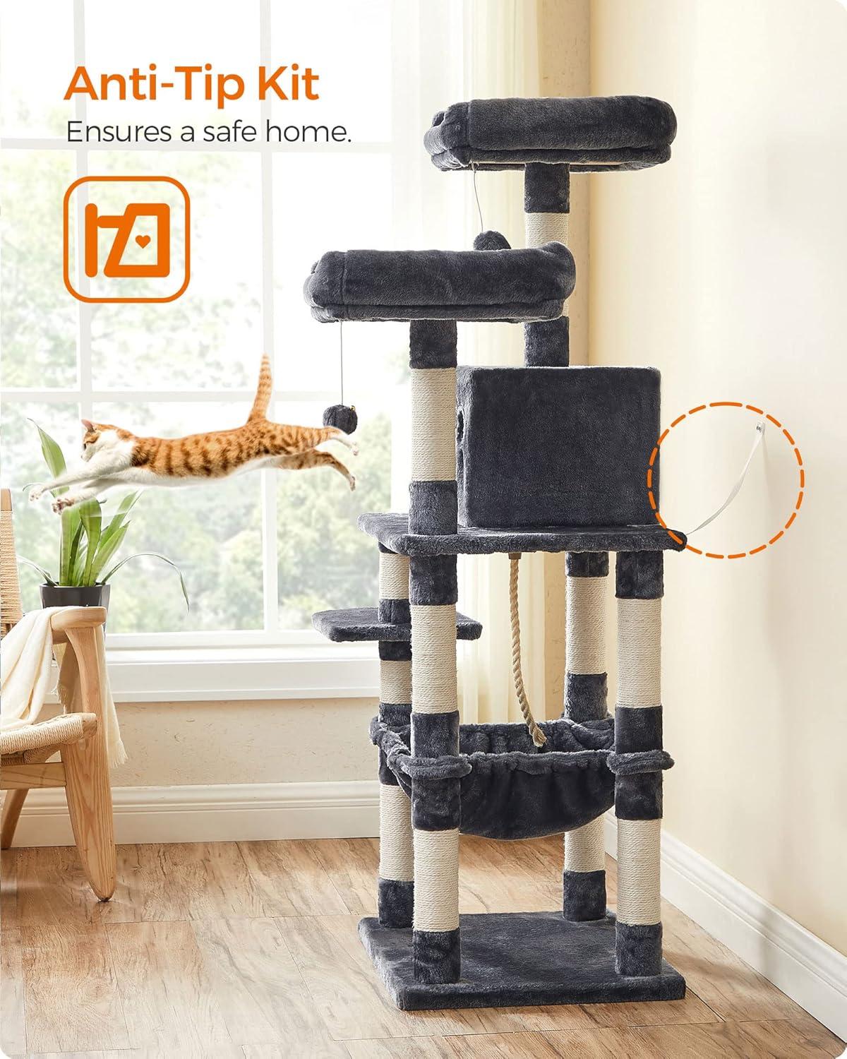 2-Level 56.3" Cat Tree with Scratching Posts & Hammock, Smoky Gray