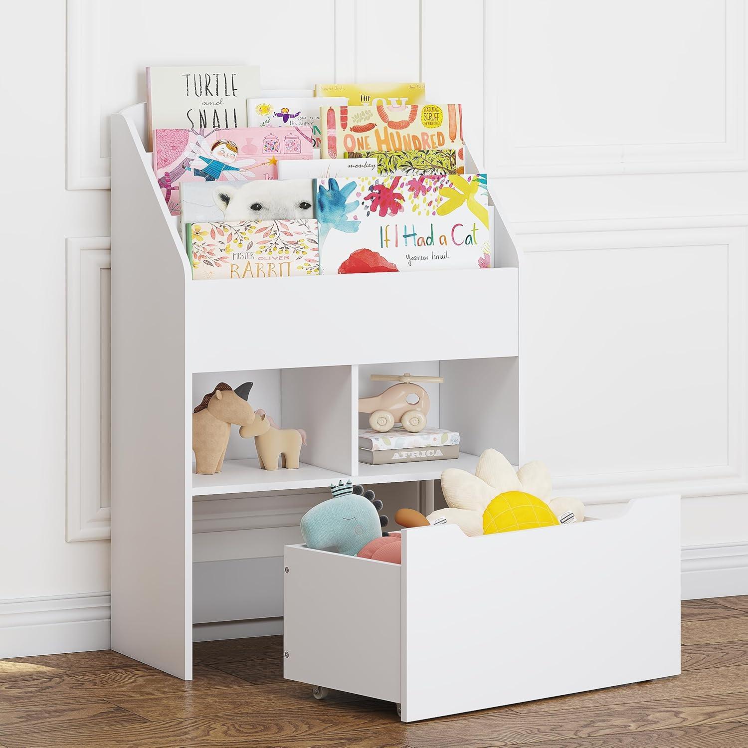 UTEX Kids Bookshelf Toy Organizer with Rolling Toy Box, White, 23.62” W x 11.8” D x 35.43” H