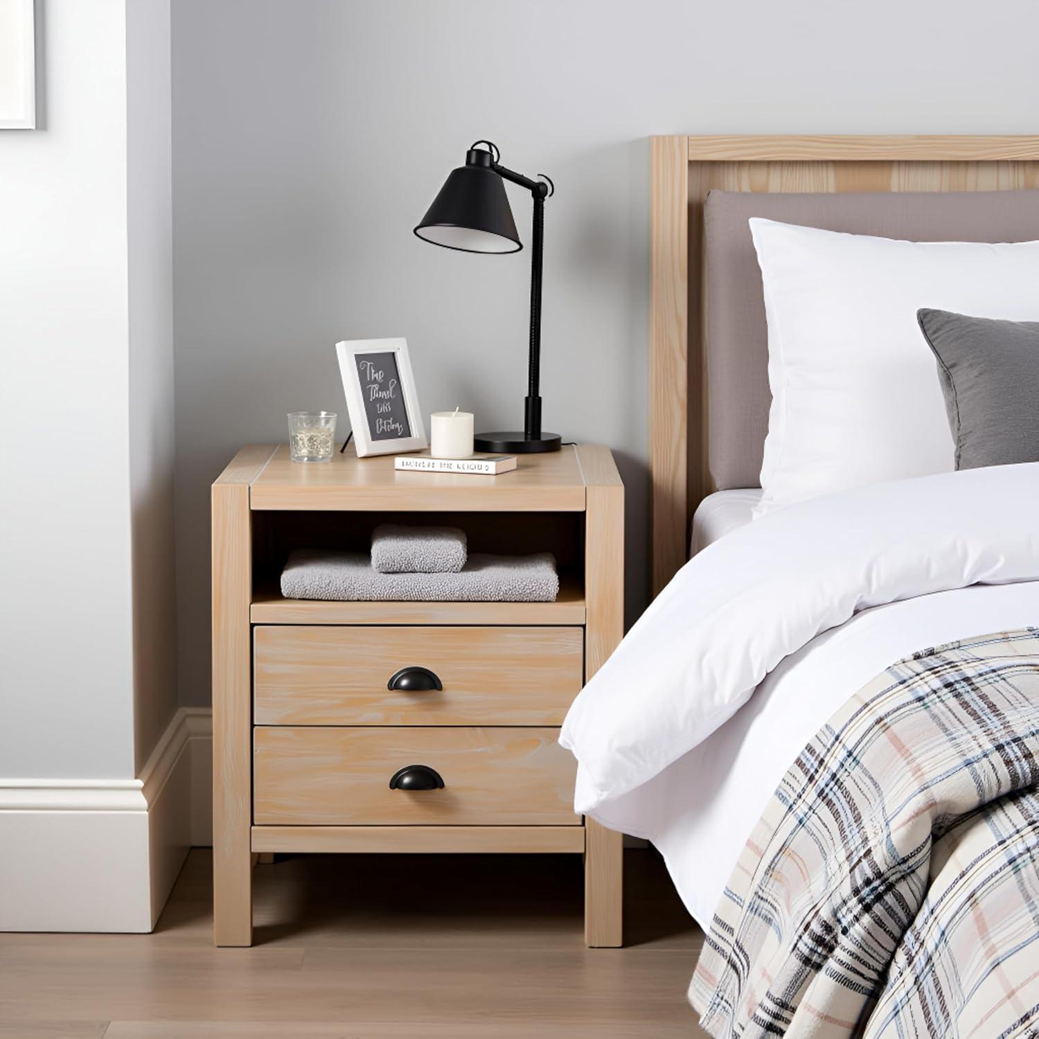 Arden 2-Drawer Wood Nightstand, 25 in. H Bedside Table with Oil Rubbed Bronze Drawer Pulls & Metal Drawers Glides, Perfect for Modern Rustic Bedroom Sets, Solid, Durable Pine Wood