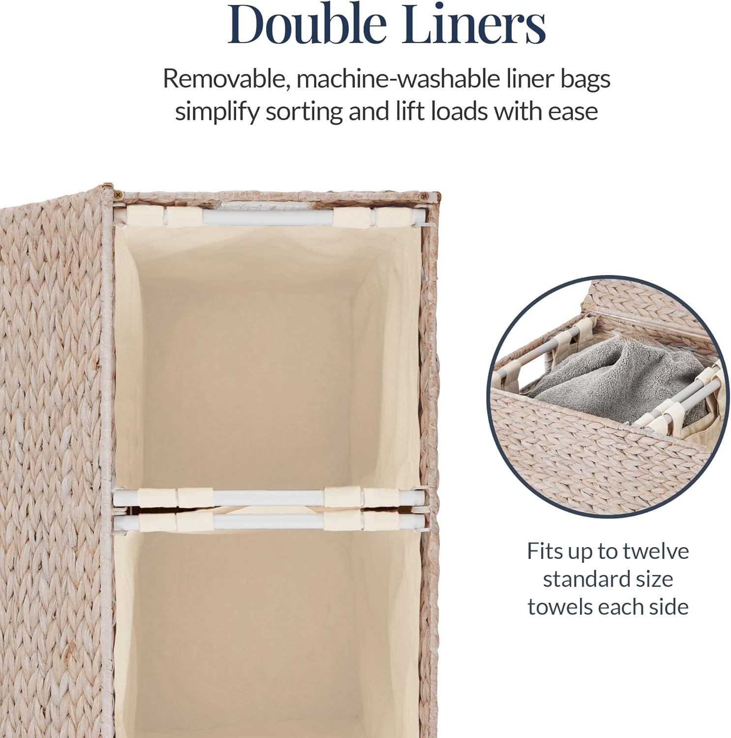 Best Choice Products Large Natural Water Hyacinth Double Laundry Hamper Basket w/ 2 Liner Bags, Handles - White