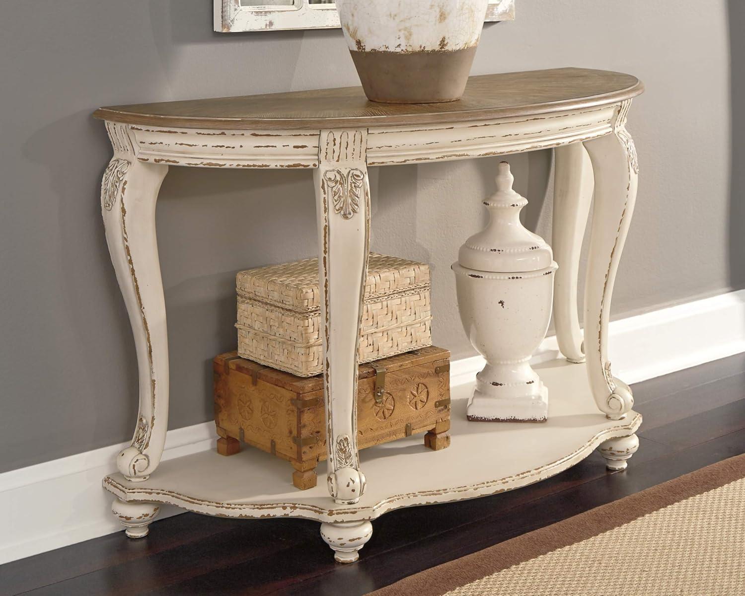 Realyn Demilune Sofa Table with Storage in Distressed White/Brown