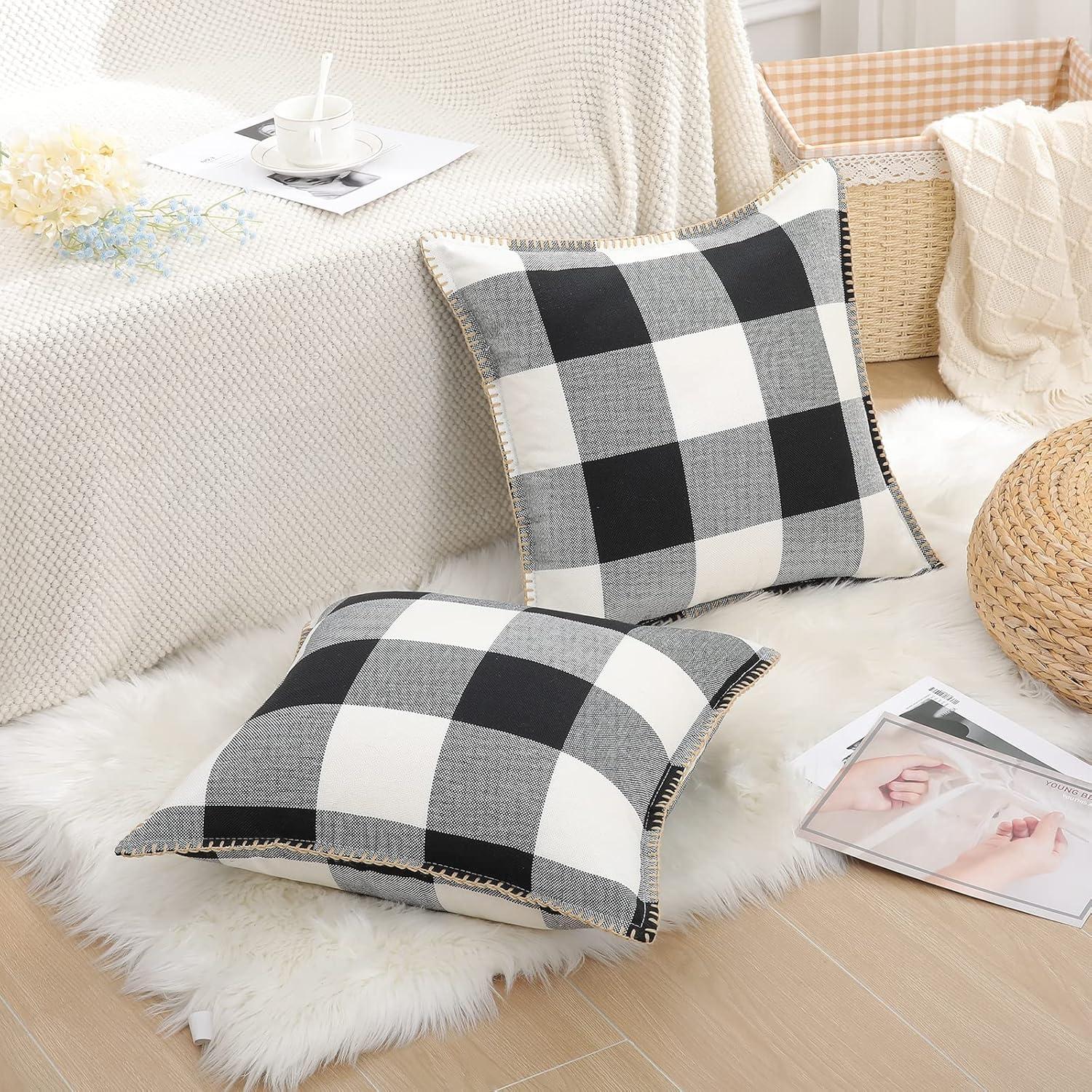 CARRIE HOME Buffalo Plaid Pillow Covers 18x18 Set of 2 Black and White Outdoor Throw Pillows Black Buffalo Check Pillow Covers Farmhouse Decor for Couch Sofa and Bed