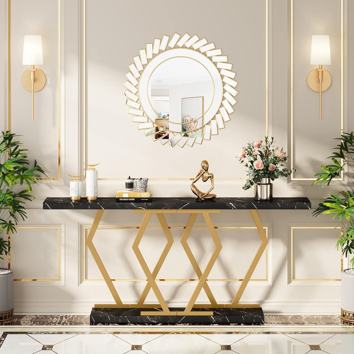 Yardi Yarda 70.9" Console Table, Modern Sofa Table with Faux Marble Tabletop, Faux Marble Black & Gold
