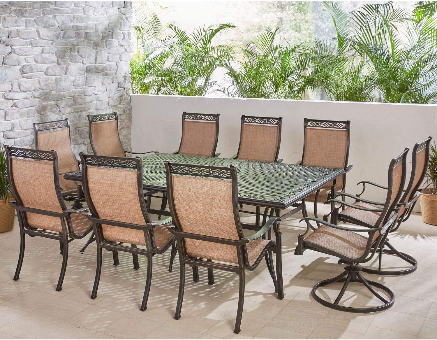 Hanover Manor 11-Piece Outdoor Dining Set in Cedar with 4 Contoured Swivel Rockers, 6 Contoured Chairs, and 60" x 84" Cast-Top Table