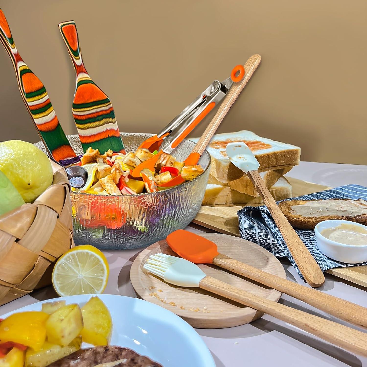 8PCS Pakkawood Spurtle Set,Spurtles Kitchen Tools,Silicone Cooking Utensil Set,Natural wooden Handle silicone Cooking Utensils Set,Heat Resistant, Nonstick Cookware