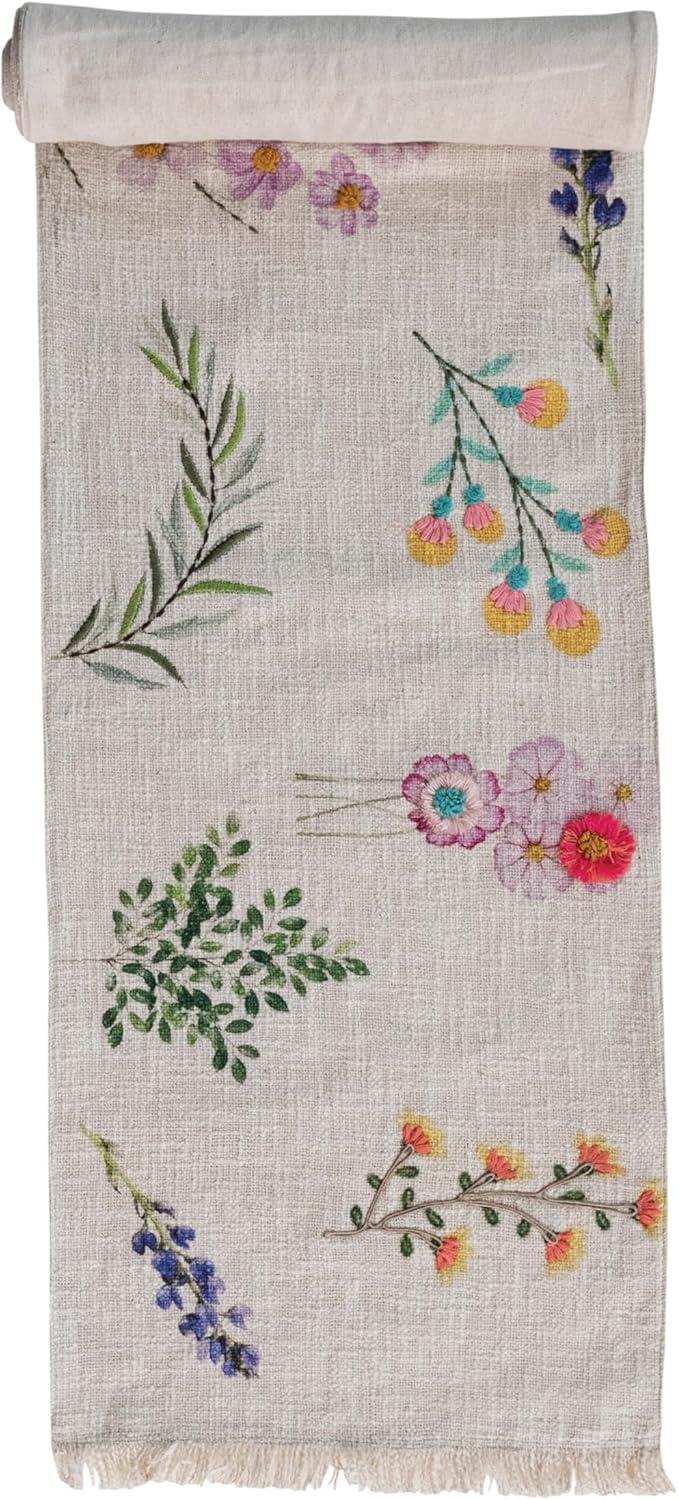 Bloomingville Long Slub Printed Rectangle Table Runner with Flowers, Embroidery and Fringe, Multicolor