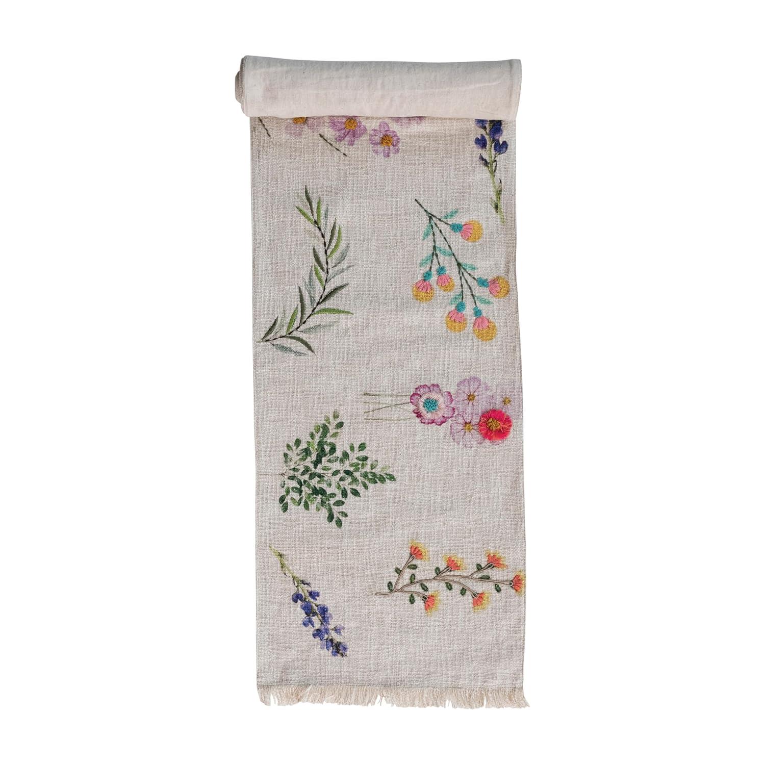 Bloomingville Long Slub Printed Rectangle Table Runner with Flowers, Embroidery and Fringe, Multicolor