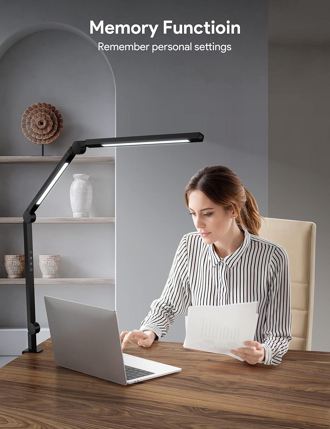 LED Desk Lamp with Clamp, Architect Desk Lamp with Dual Light and Adjustable Swing Arm, Clip-on Eye-Care 4 CCT Modes & 5 Brightness Levels Table Light Modern Desk Light for Home Office