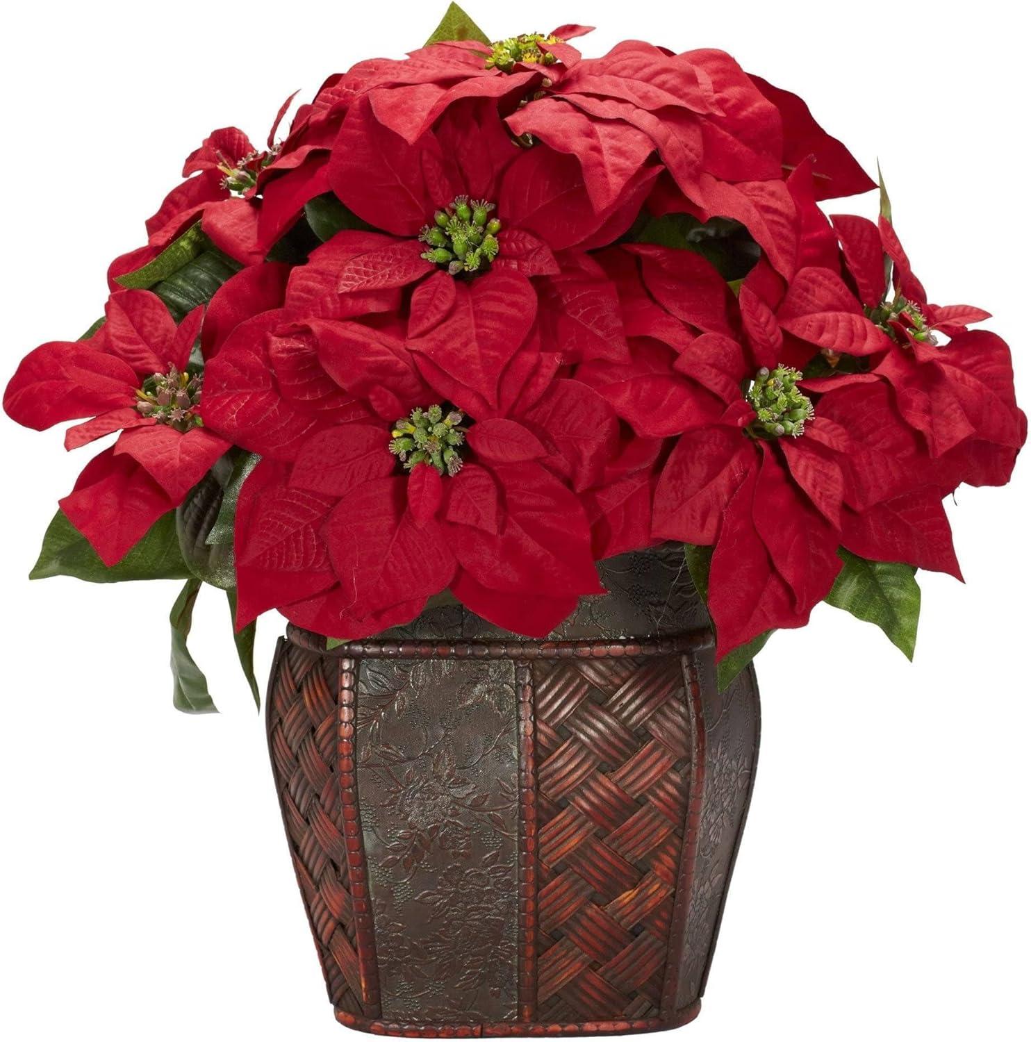 Nearly Natural Poinsettia With Decorative Vase Artificial Flower Arrangement, Red