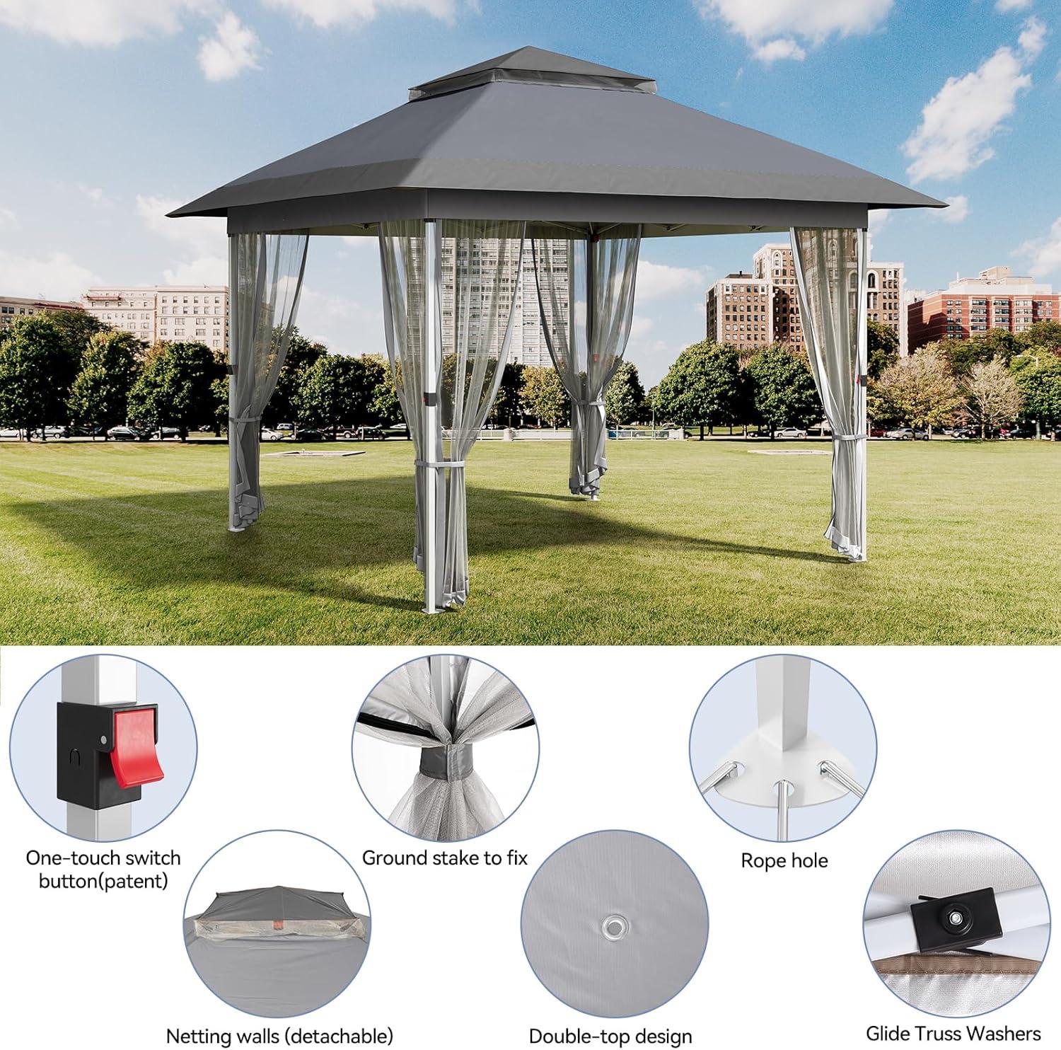 12'x12' Gazebo Outdoor Pop up Canopy Tent with Curtains and 144 Square Shelter for Patio,Backyard Party, with Mosquito Netting, 2-Tiered Vented Top (Gray)