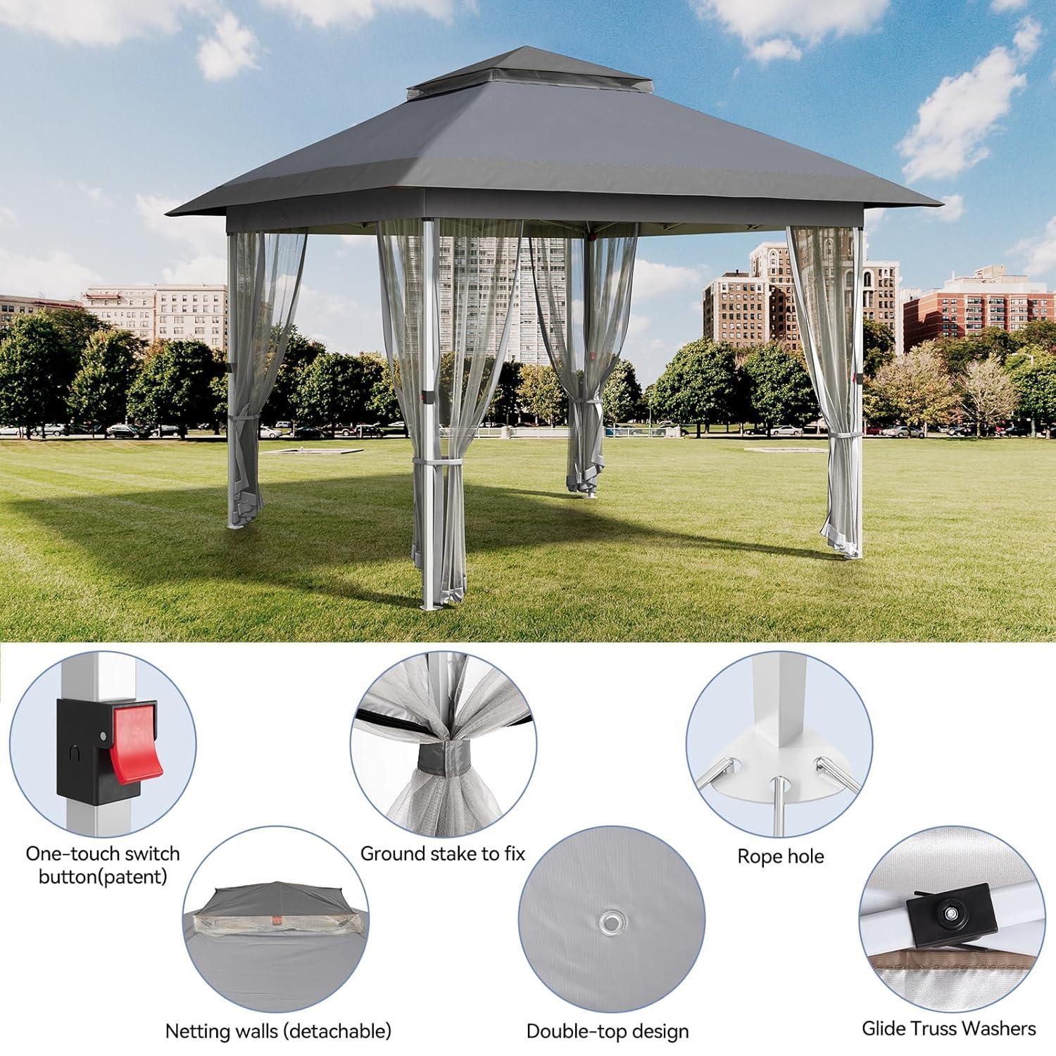 12'x12' Gazebo Outdoor Pop up Canopy Tent with Curtains and 144 Square Shelter for Patio,Backyard Party, with Mosquito Netting, 2-Tiered Vented Top (Gray)