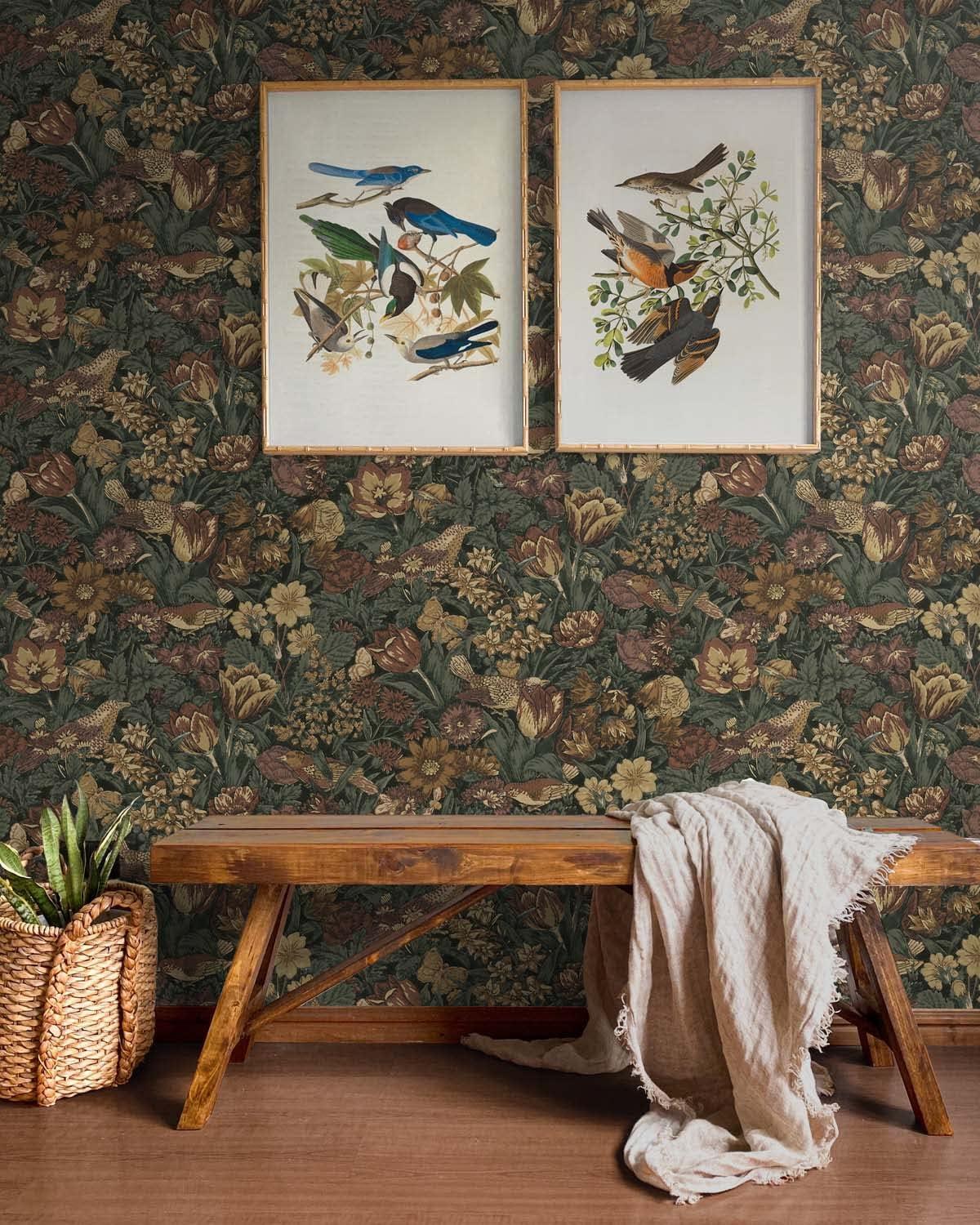 NextWall Bird Floral Peel and Stick Wallpaper: Vintage Botanical Design, Self-Adhesive Vinyl, Repositionable, Washable, 30.75 Sq Ft Coverage