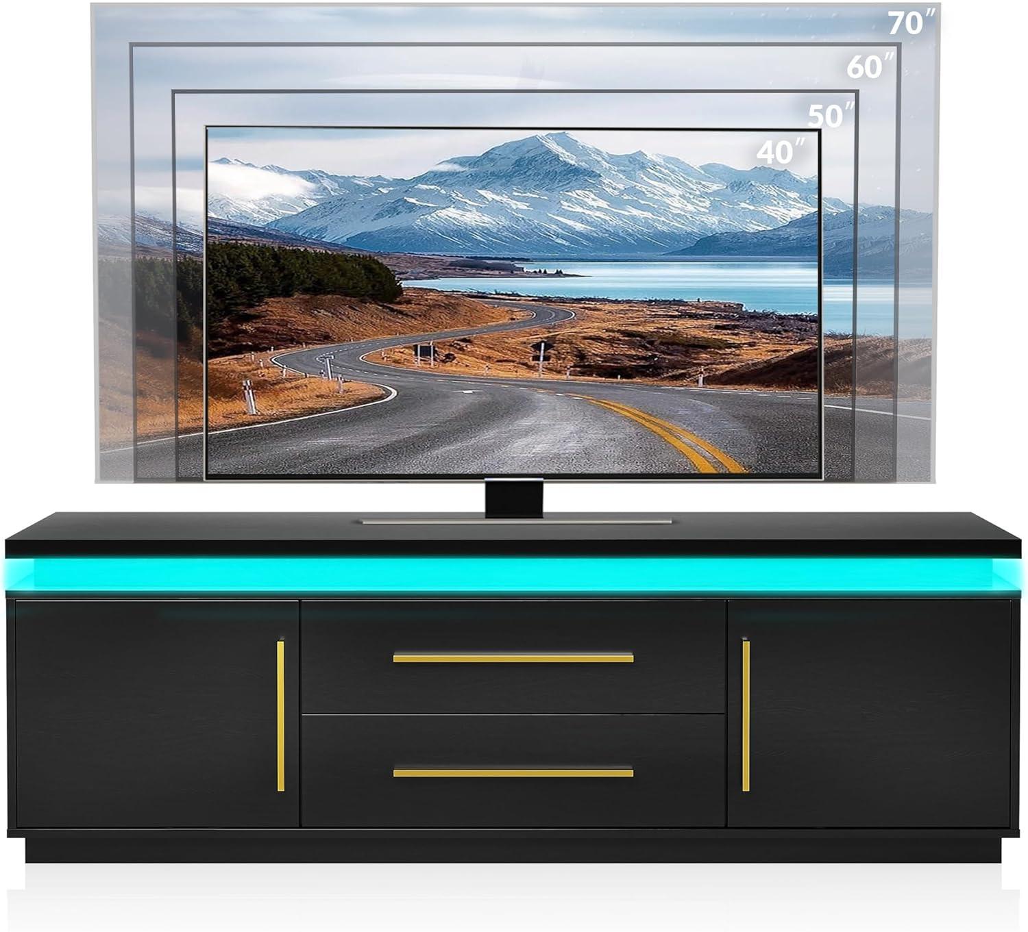 BELLEZE 67" TV Stand for TV up to 75",  with LED Lights Change to Melody of Music - Studio (Black)