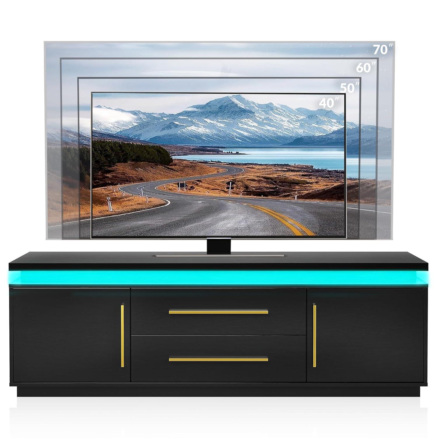 BELLEZE 67" TV Stand for TV up to 75",  with LED Lights Change to Melody of Music - Studio (Black)