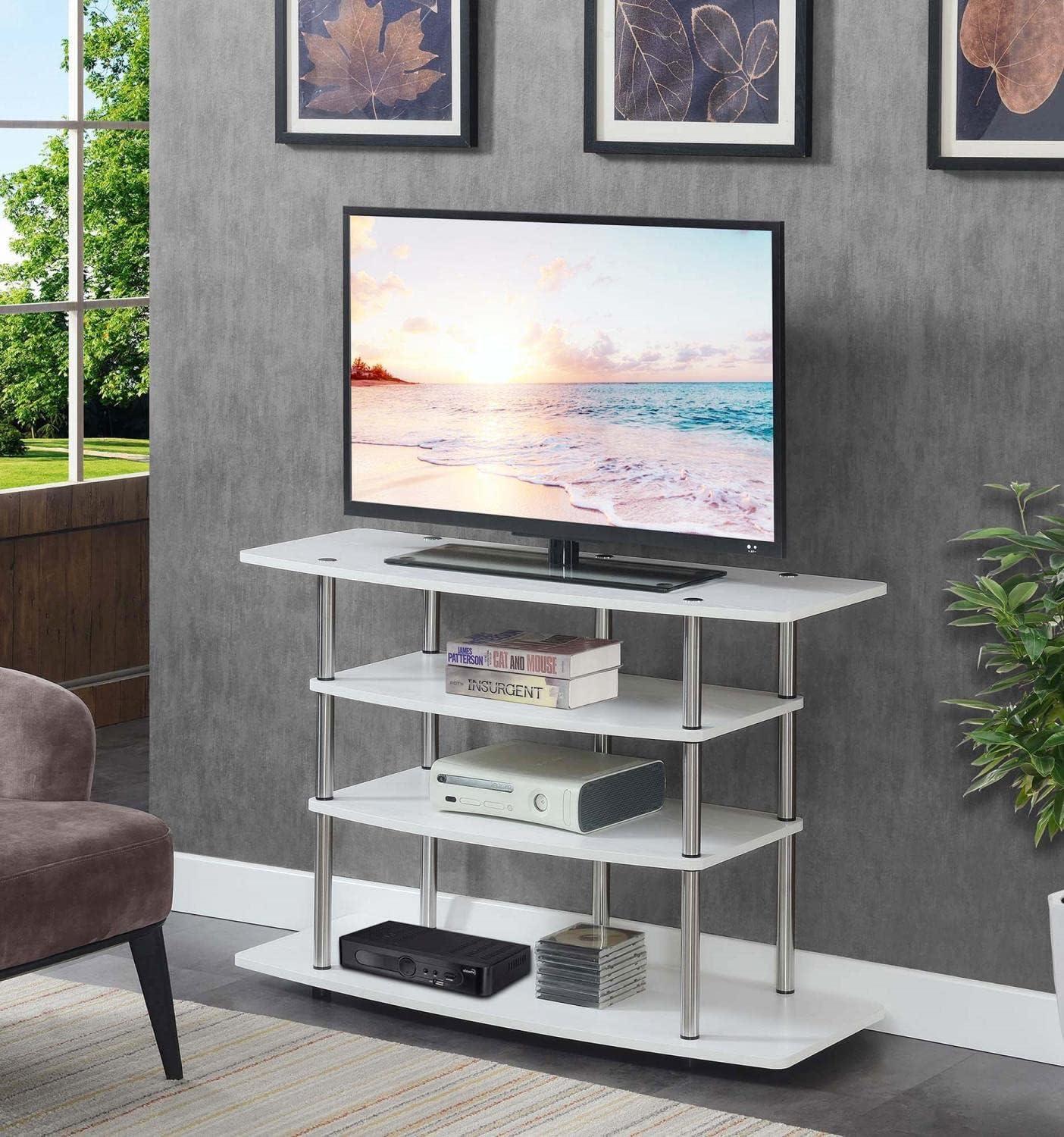 Modern White Highboy 4-Tier TV Stand with Stainless Steel Poles