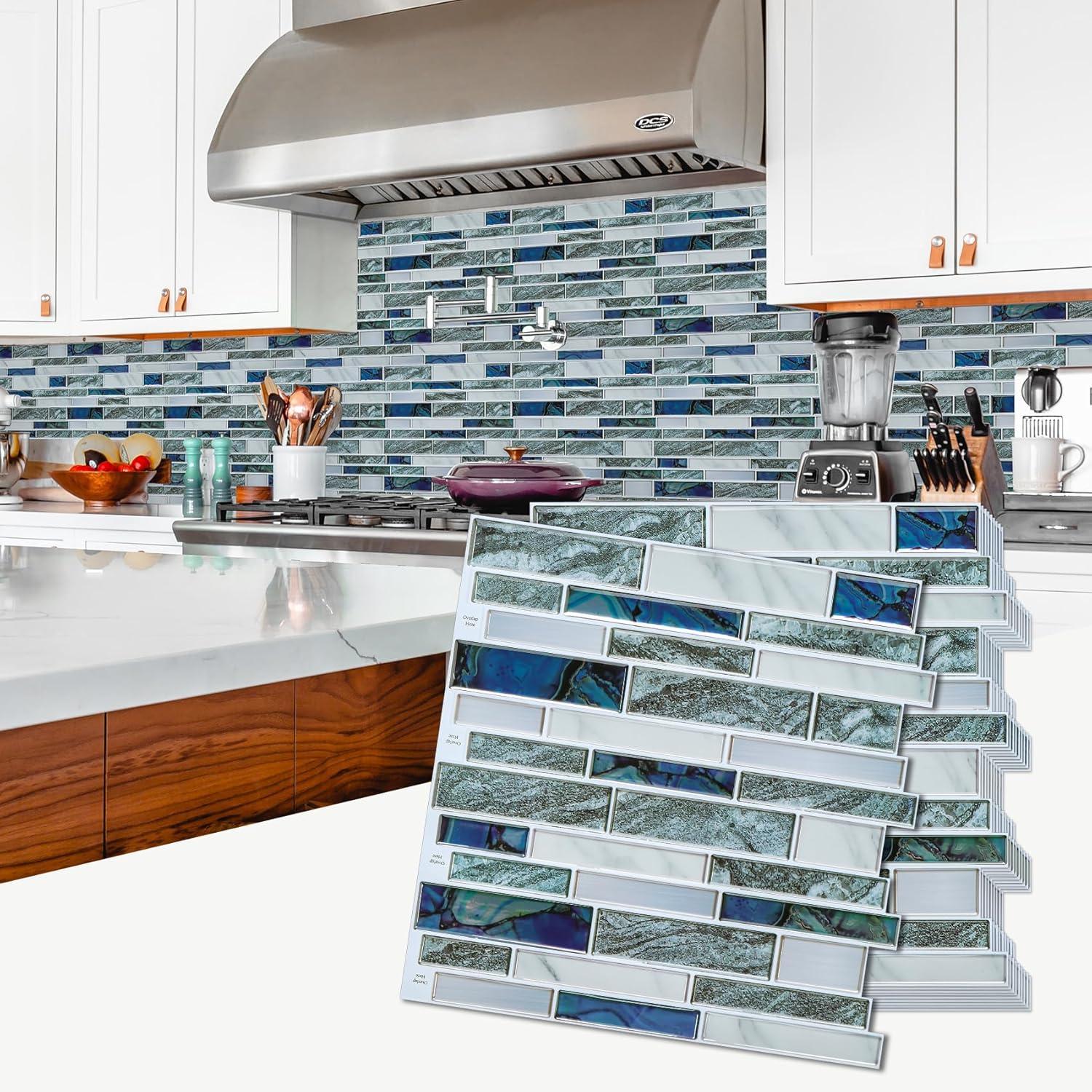 STICKGOO 10-Sheet Marble Look Peel and Stick Wall Tile, 12"x12" Premium Self Adhesive Tiles Kitchen Stick on Backsplash,Gray & Blue