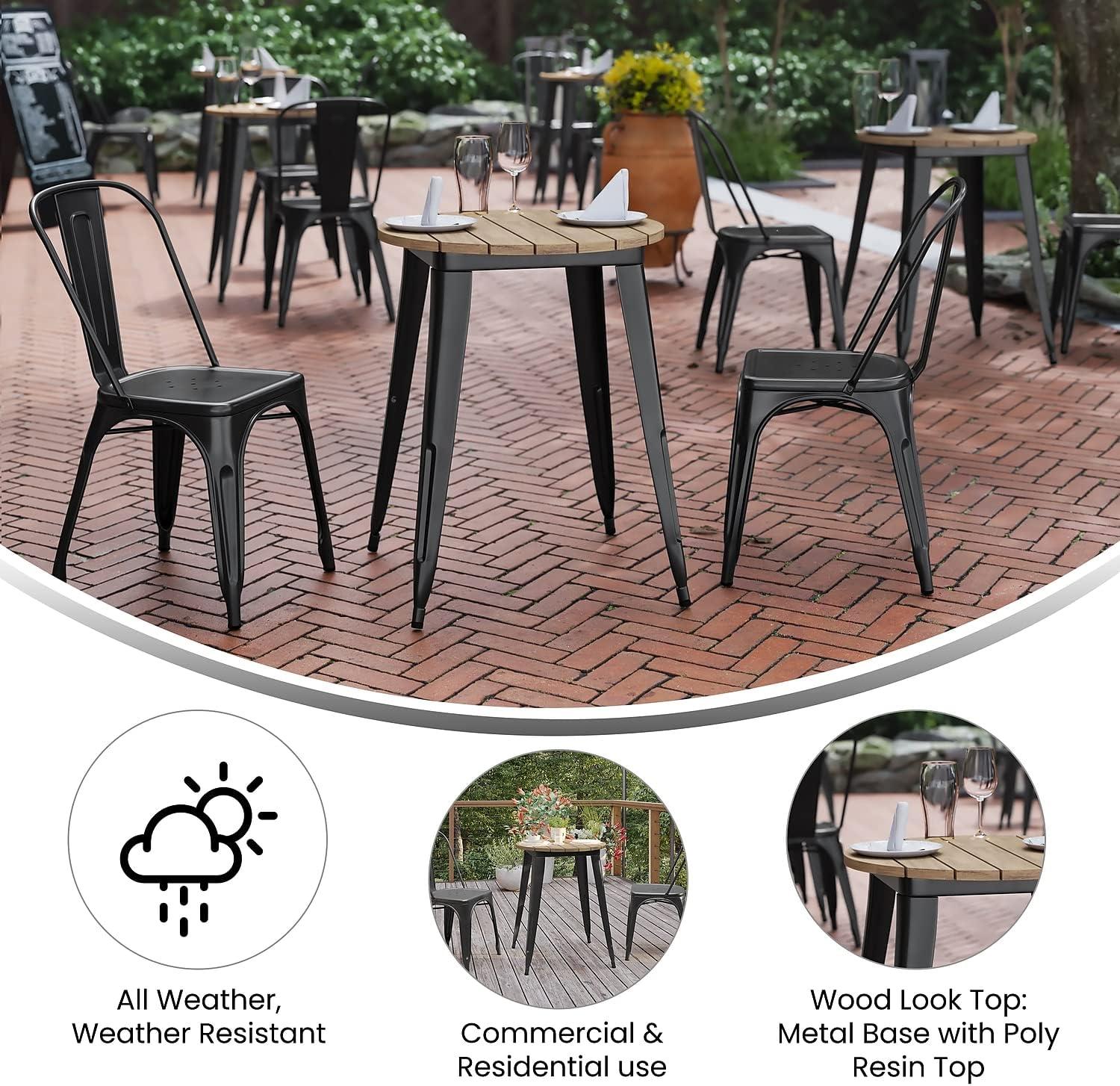 Flash Furniture Declan Commercial Grade Indoor/Outdoor Dining Table, 23.75" Round All Weather Brown Poly Resin Top with Black Steel Base