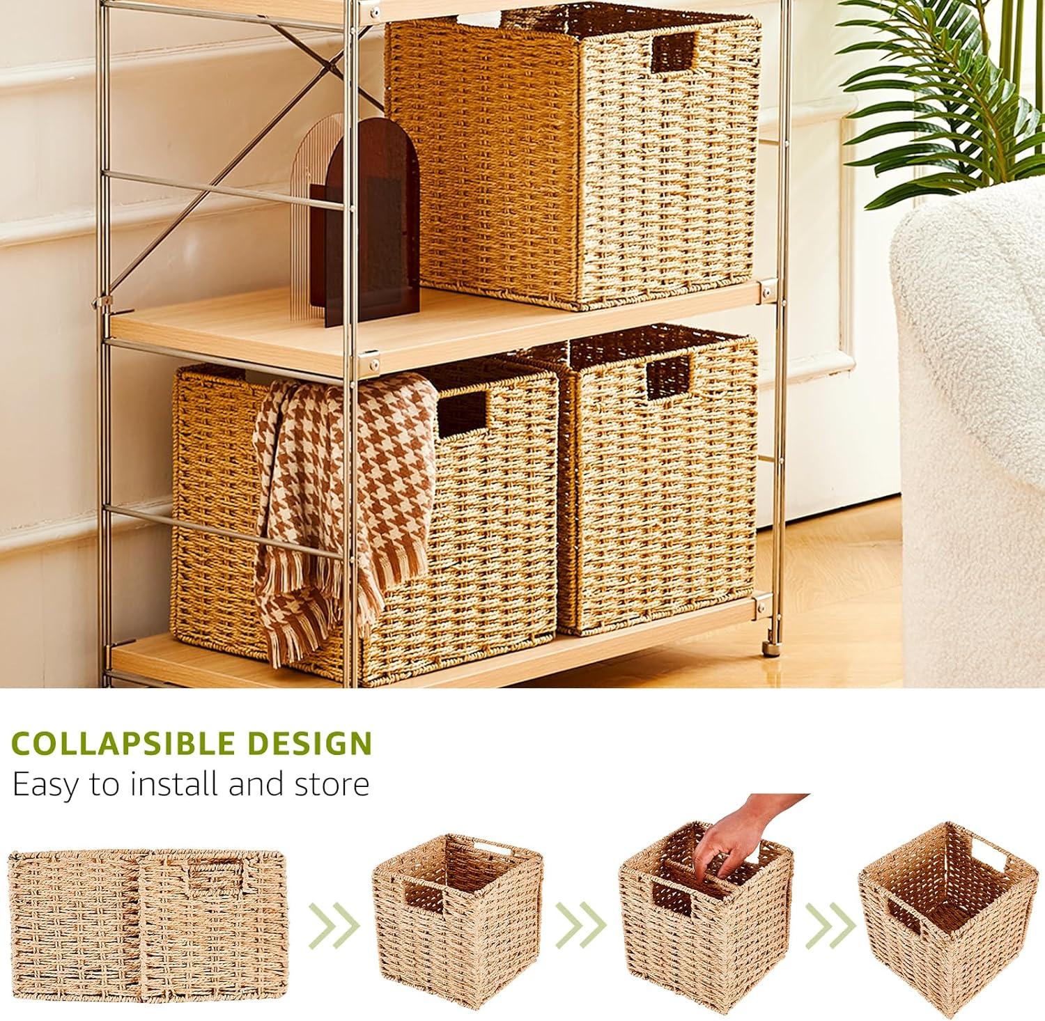 Rectangular Natural Water Hyacinth Hand Woven Rattan Wicker Storage Basket Set with Iron Wire Frame