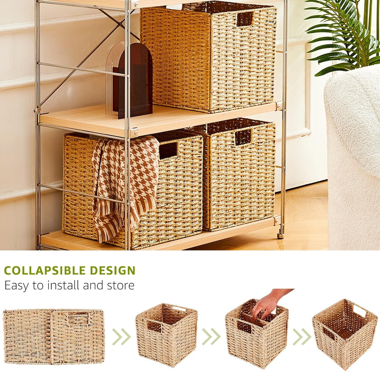 Rectangular Natural Water Hyacinth Hand Woven Rattan Wicker Storage Basket Set with Iron Wire Frame