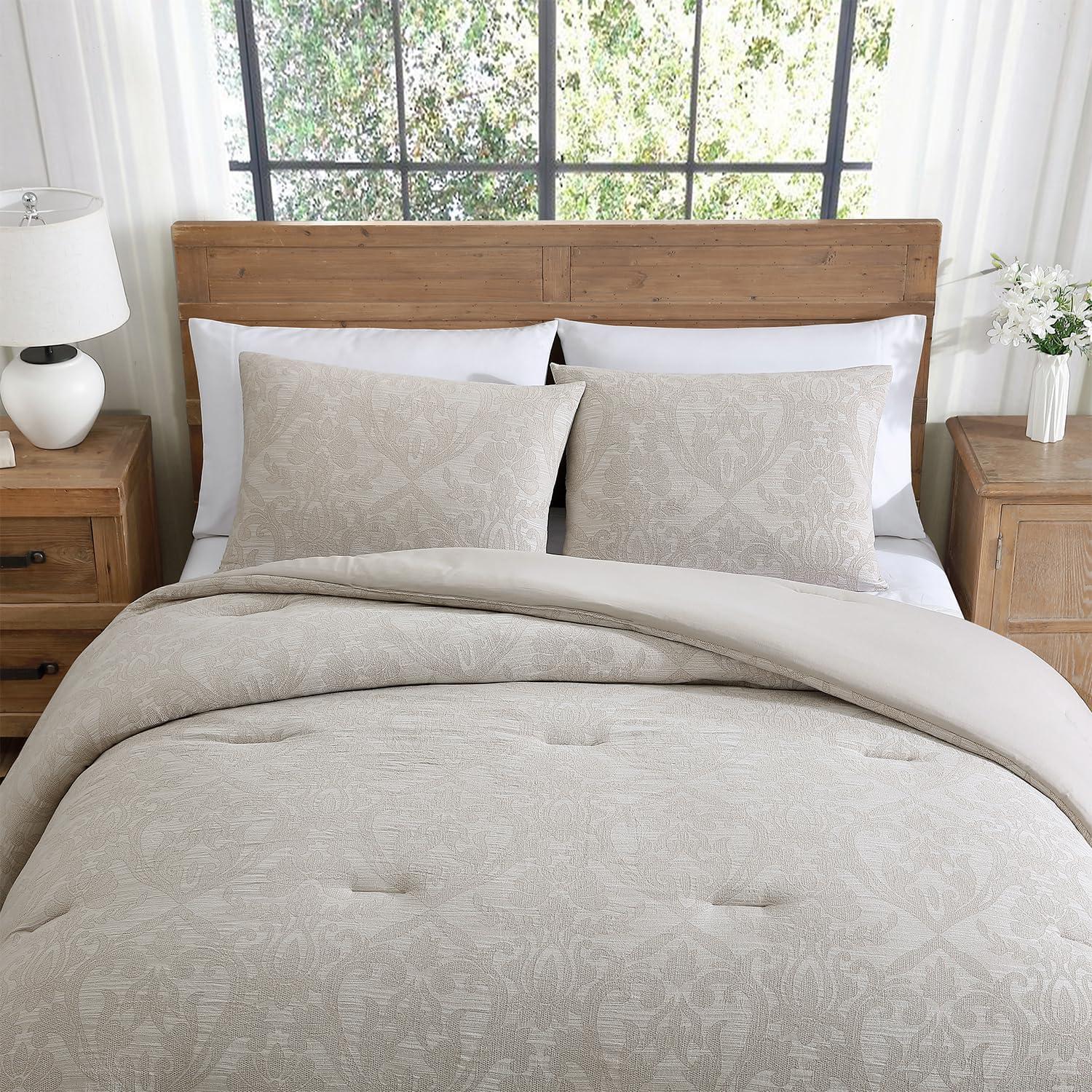 Full/Queen Taupe Cotton Jacquard Damask Comforter Set