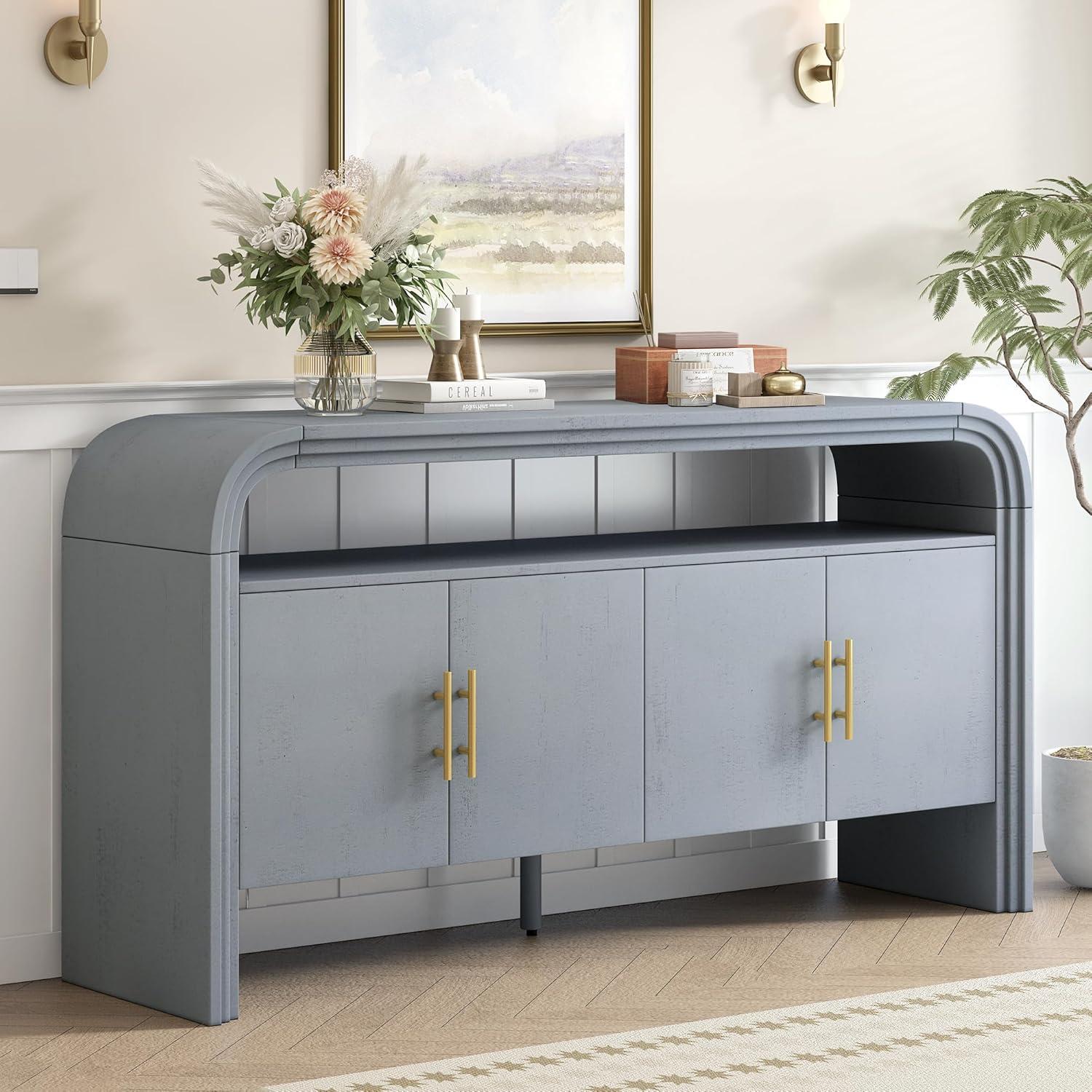 Unique Retro Curved Sideboard with 4 Doors and Treated Fir Veneer, Wood Accent Entryway Console Table Storage Cabinet for Hallway Living Room Foyer Corridor (Natural-12.31)